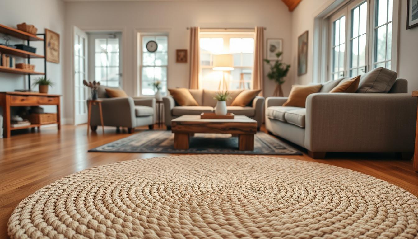living room with braided rug
