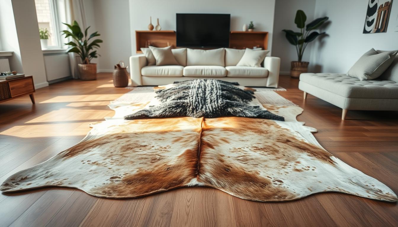 Cowhide rug layering