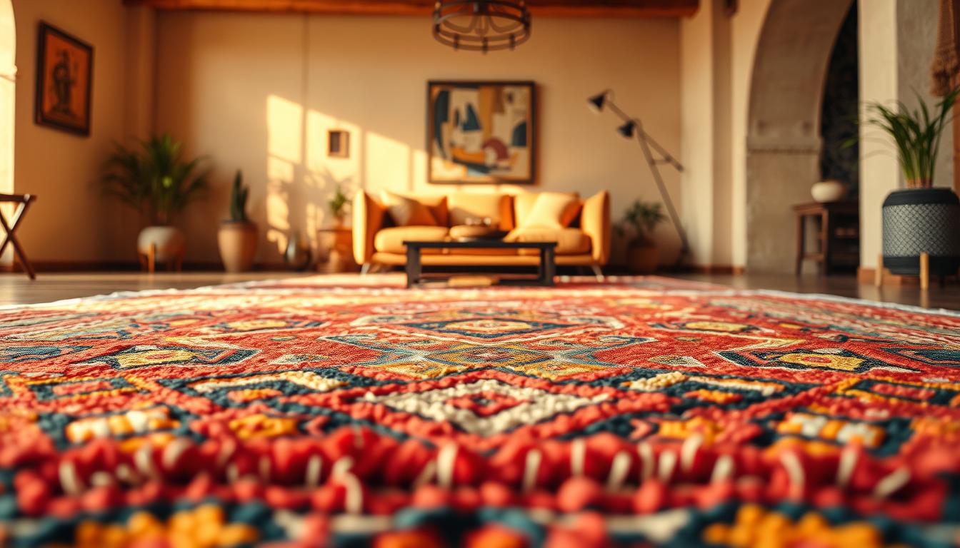 living room with moroccan rug