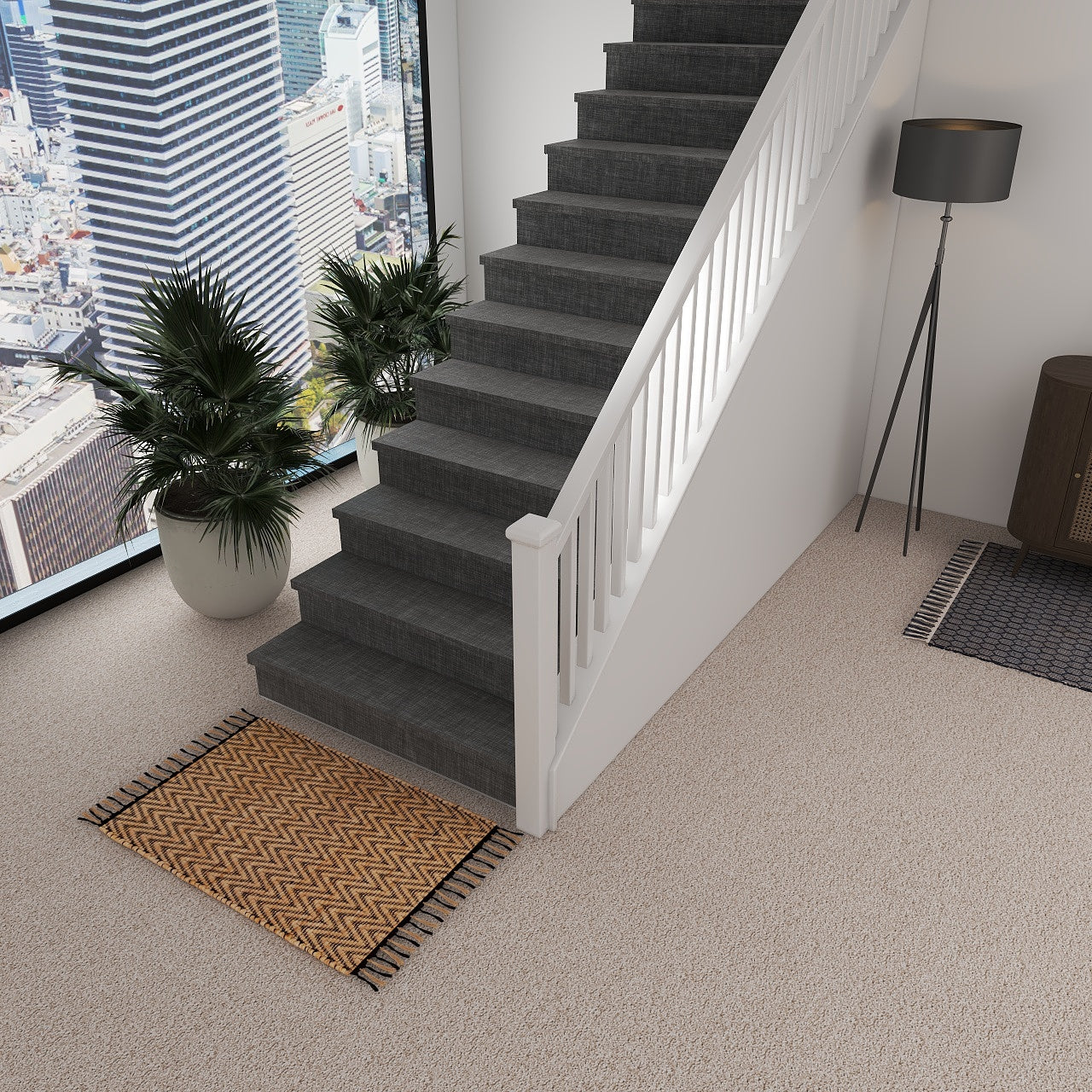 Natural jute rugs on stairway for stylish and eco-friendly decor