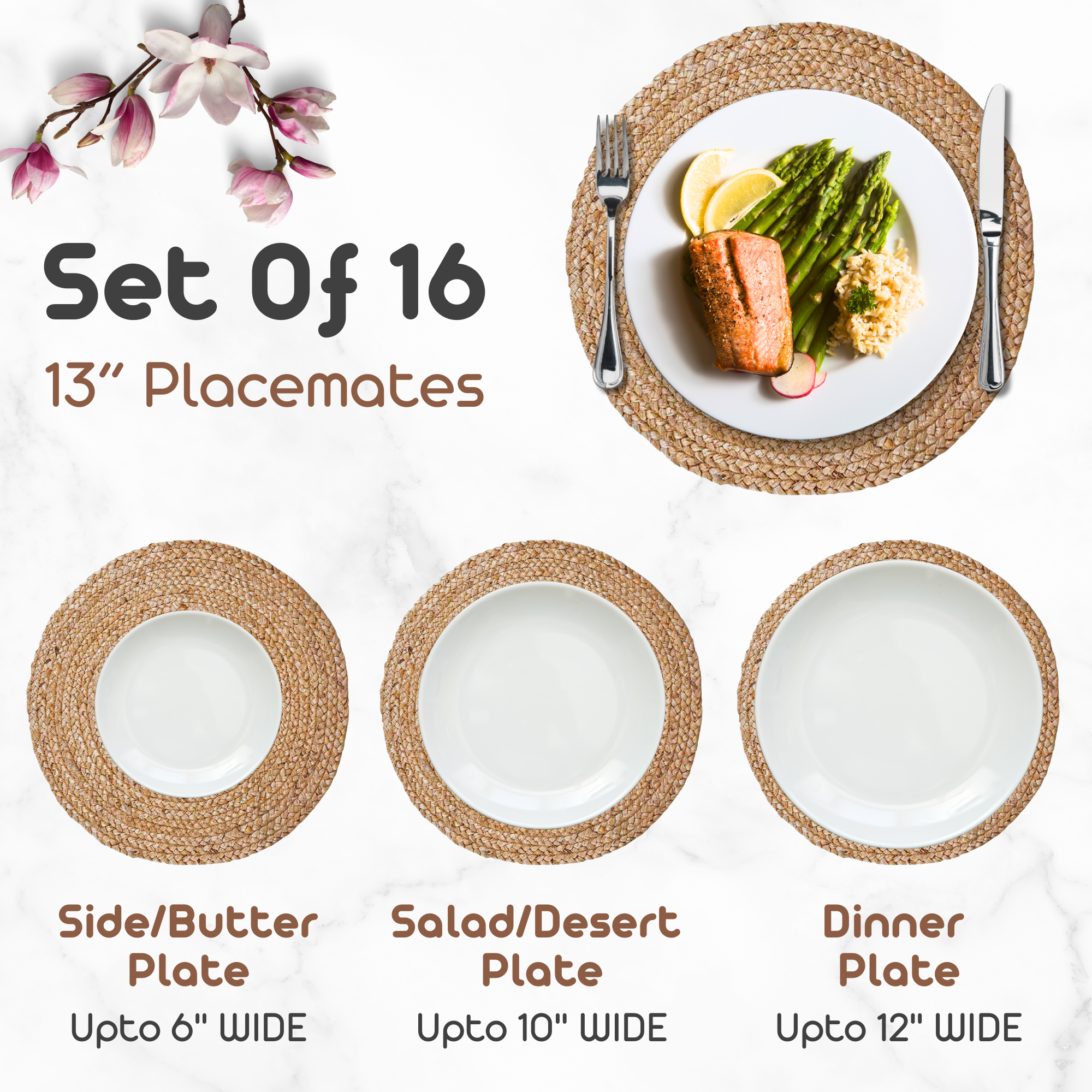 Round Jute Placemats, Set of 16 – Boho Farmhouse Design Non-Slip Handwoven Table Mats for Dining, Kitchen, and Wedding Décor