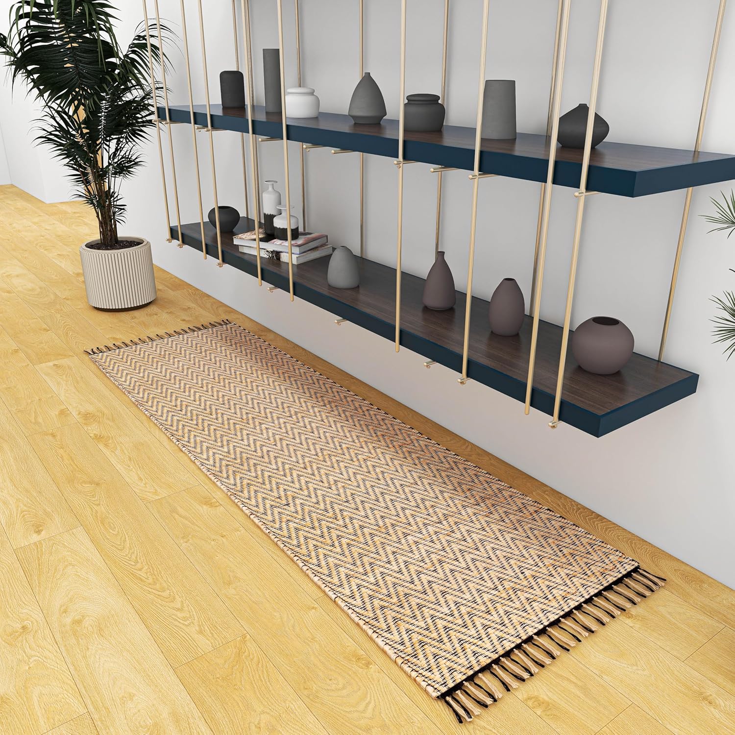 Handwoven Jute Runner, 2.6'x8' Black Wavy Natural Rug – Vintage Modern Eco-Friendly Accent for Living Room, Entryway, Kitchen, and Bathroom Décor