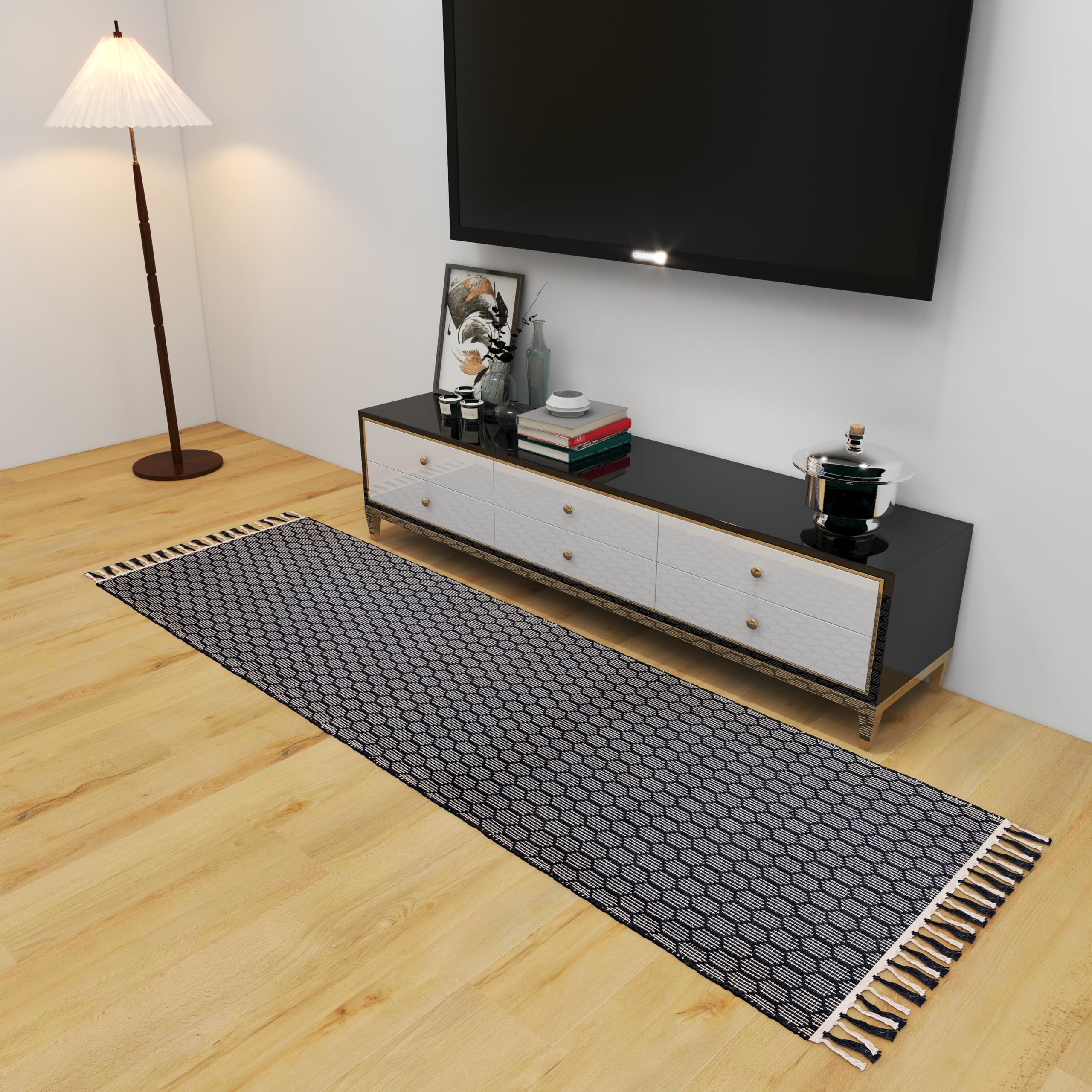 Farmhouse Cotton Rug, 2.6'x8' Black Handwoven Geometric Entryway Mat, Washable Kitchen Runner, Bathroom Carpet, Front Door Accent Rug Décor