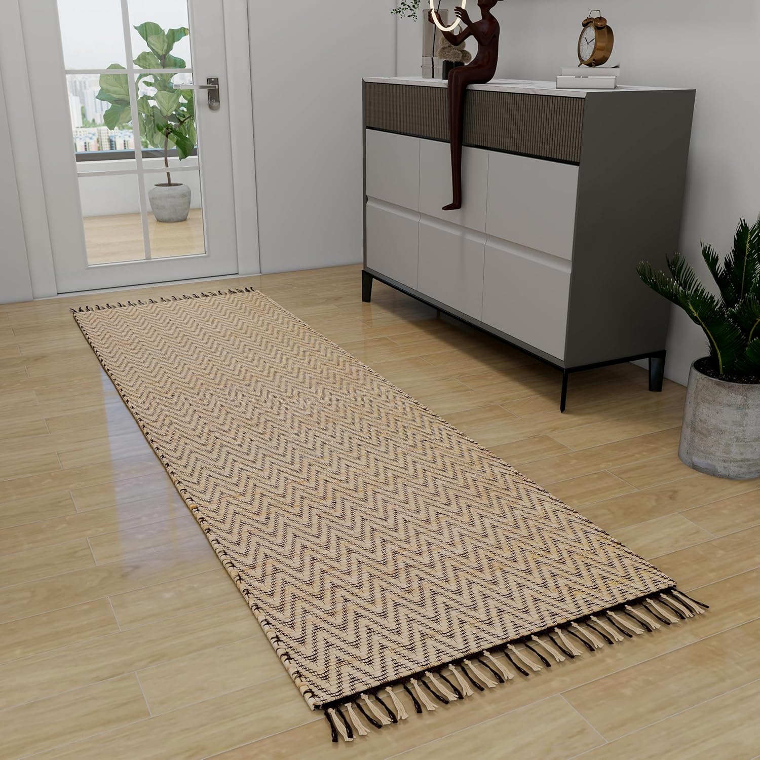 Handwoven Jute Runner, 2.6'x8' Black Wavy Natural Rug – Vintage Modern Eco-Friendly Accent for Living Room, Entryway, Kitchen, and Bathroom Décor