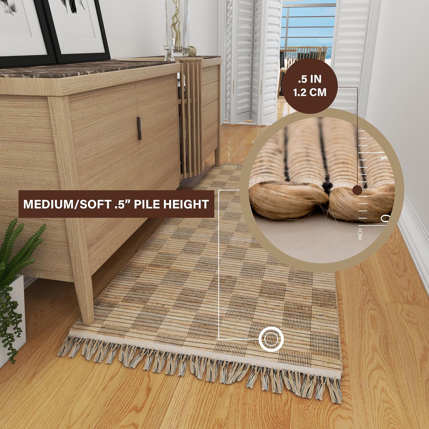 Natural 3x5 Handwoven Geometric Jute Rug – Low-Pile Tan Accent Carpet for Entryway, Kitchen, Bedroom, and Bathroom – Premium Home Décor