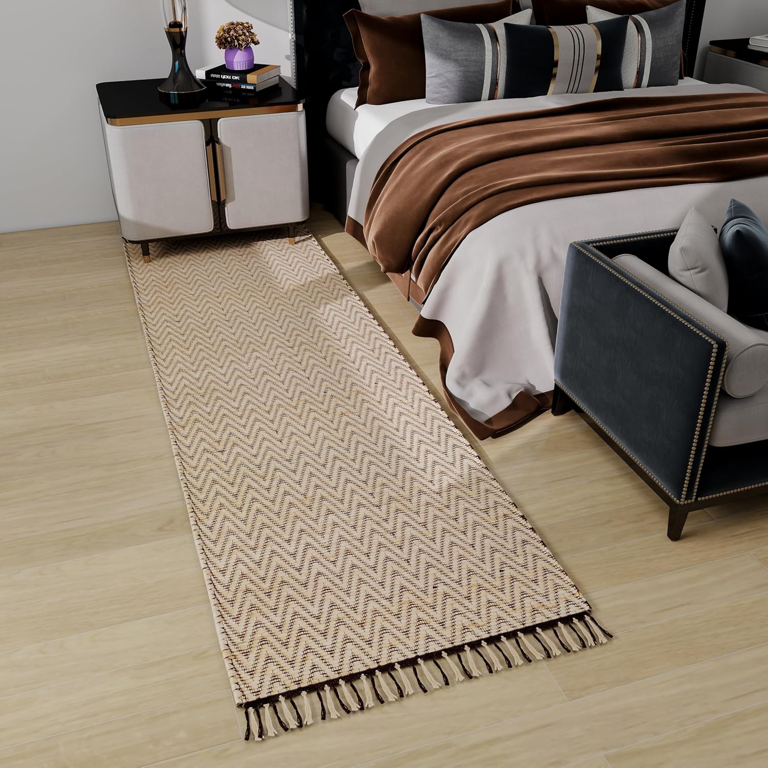 Handwoven Jute Runner, 2.6'x8' Black Wavy Natural Rug – Vintage Modern Eco-Friendly Accent for Living Room, Entryway, Kitchen, and Bathroom Décor