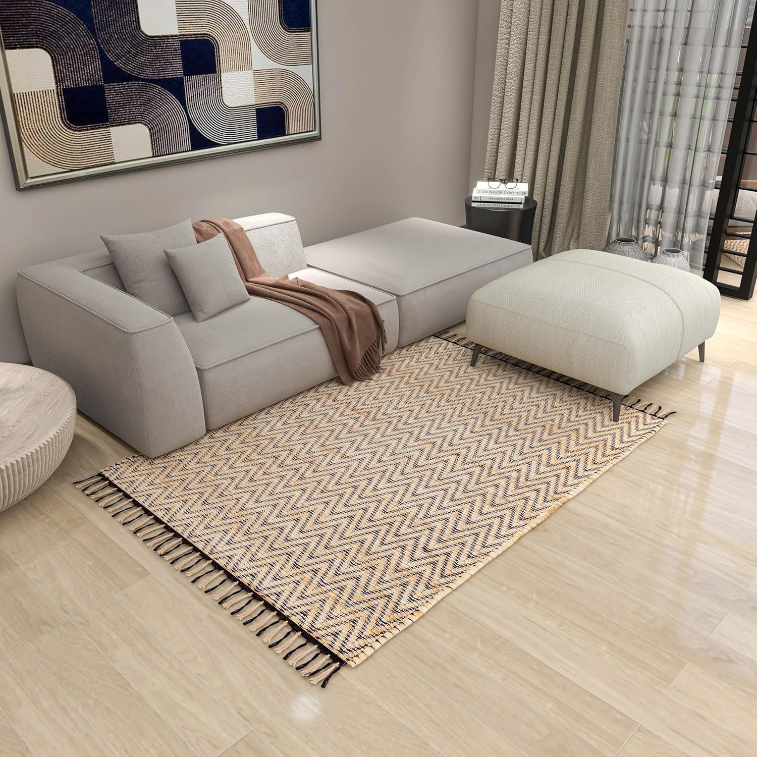 4x6 Ft Natural Jute Rug – Handwoven Vintage Modern Accent Carpet for Bedroom, Entryway, Living Room, Dining Room, Kitchen, and Office Décor