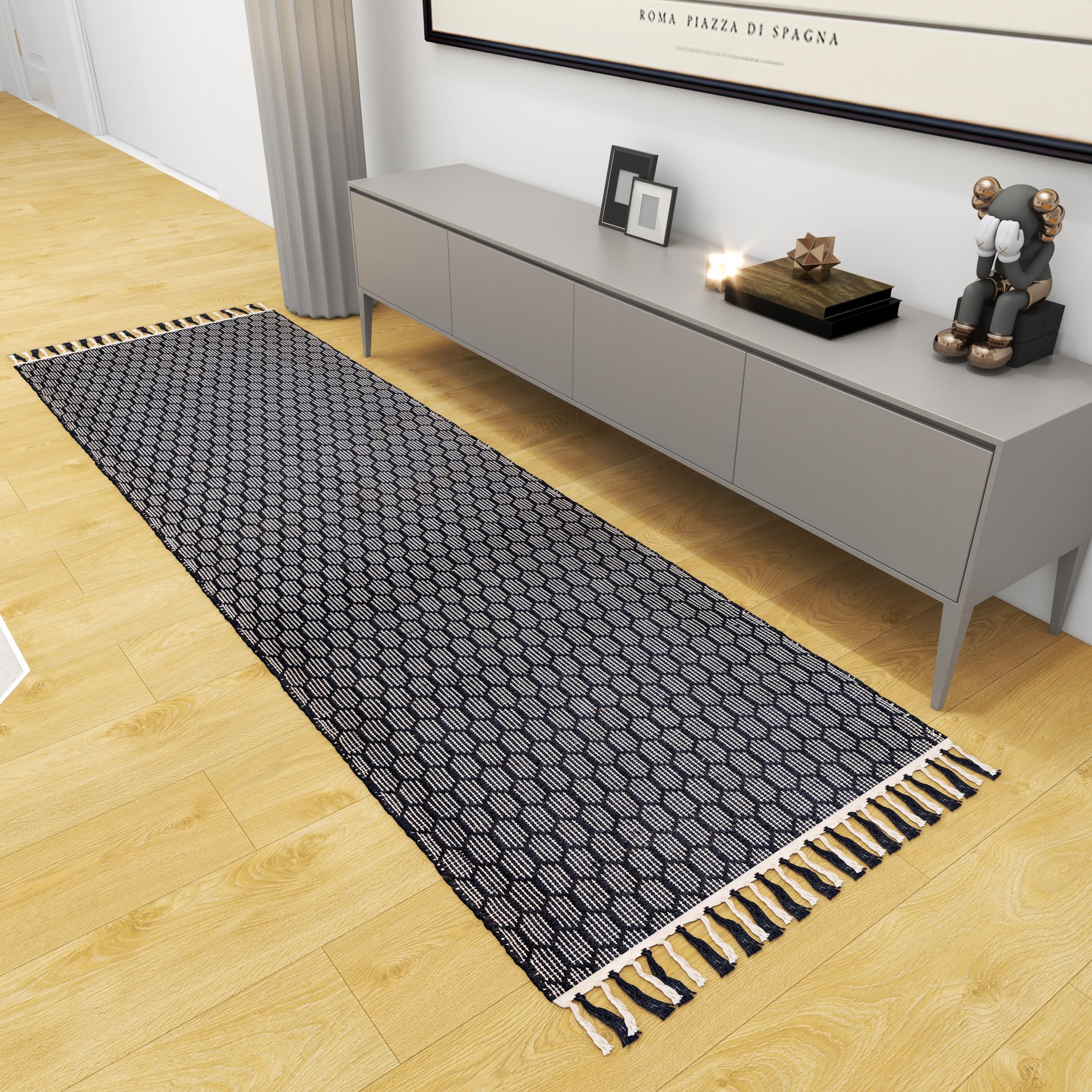 Farmhouse Cotton Rug, 2.6'x8' Black Handwoven Geometric Entryway Mat, Washable Kitchen Runner, Bathroom Carpet, Front Door Accent Rug Décor