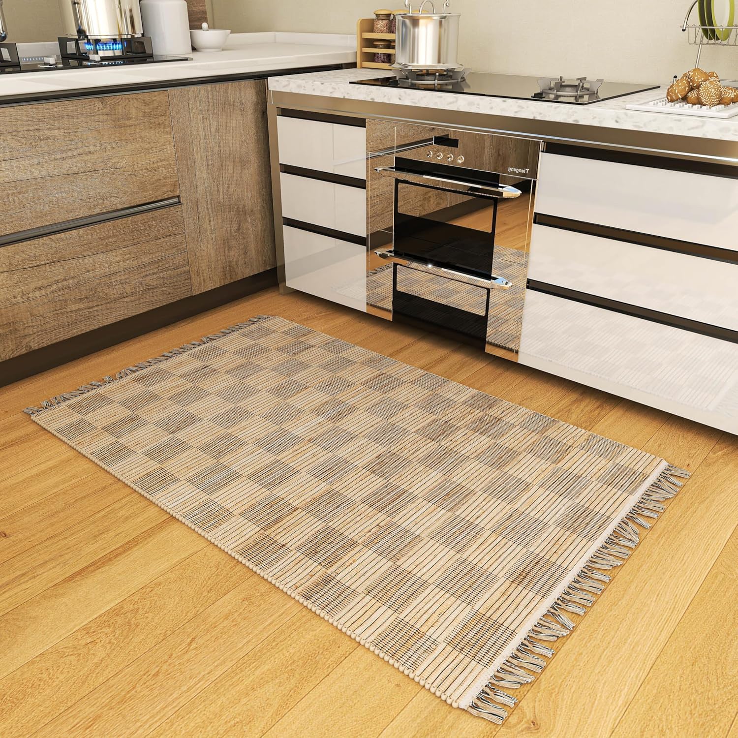 Natural 3x5 Handwoven Geometric Jute Rug – Low-Pile Tan Accent Carpet for Entryway, Kitchen, Bedroom, and Bathroom – Premium Home Décor