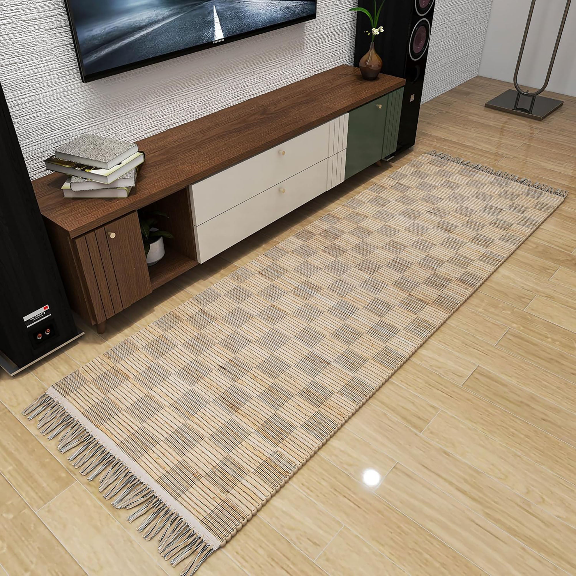 Natural Handwoven Geometric Jute Runner Rug, 2.6'x8' Low-Pile Tan Indoor Accent Carpet – Premium Farmhouse Décor for Entryway, Kitchen, and Bathroom