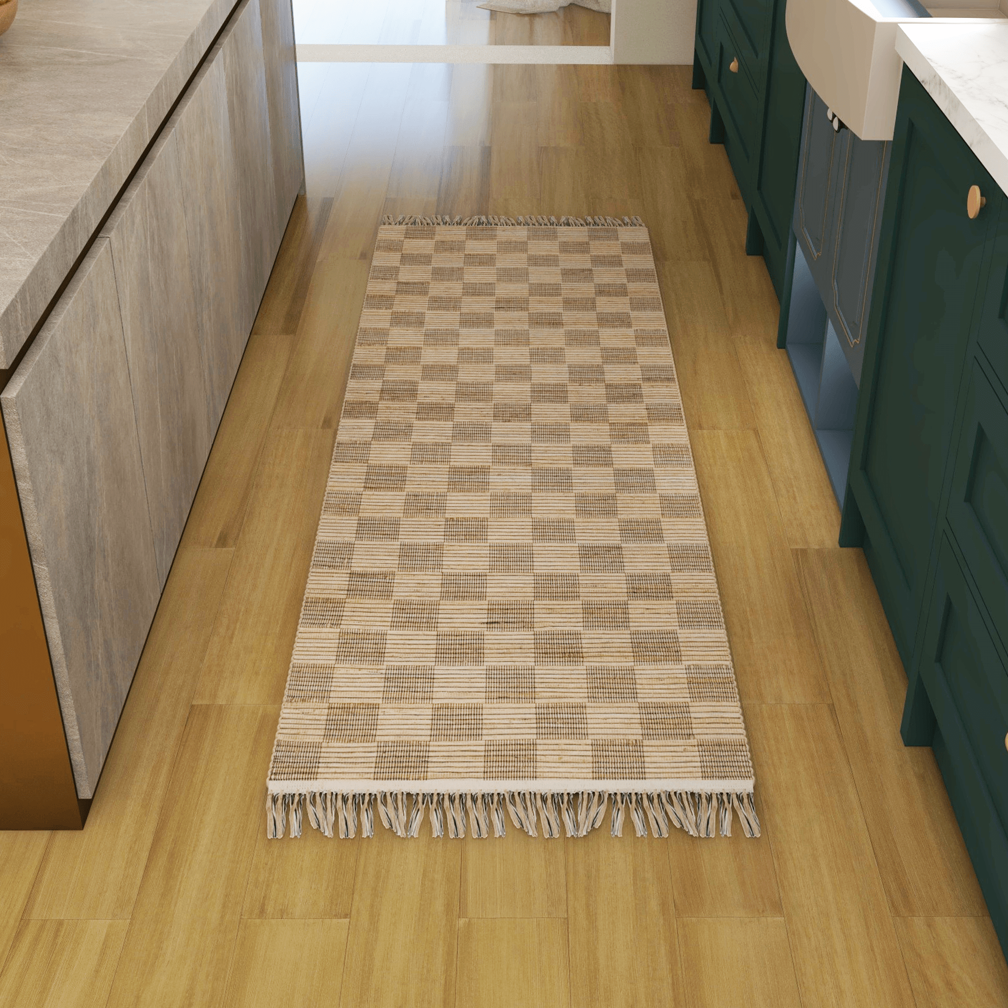 Natural Handwoven Geometric Jute Runner Rug, 2.6'x8' Low-Pile Tan Indoor Accent Carpet – Premium Farmhouse Décor for Entryway, Kitchen, and Bathroom