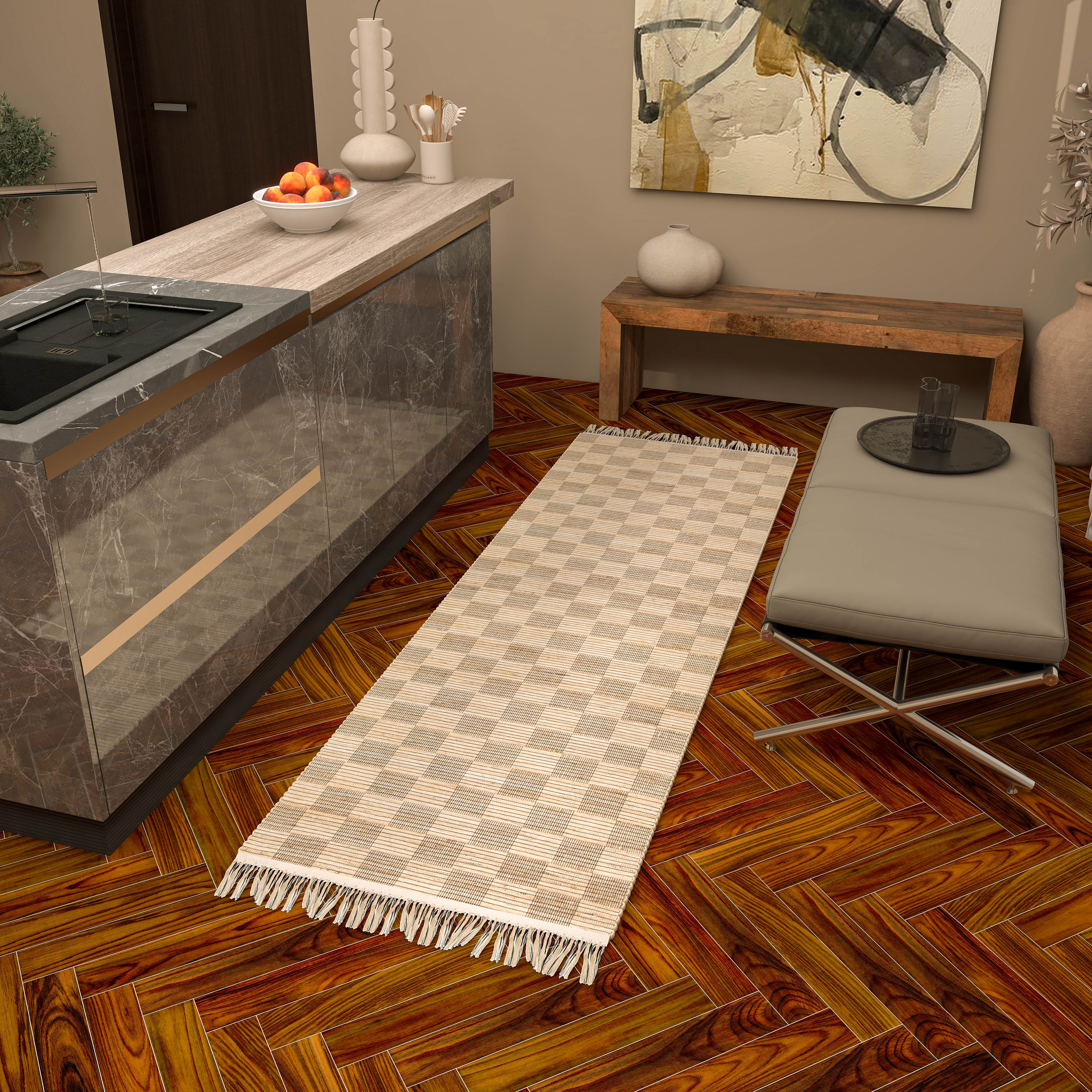 Natural Handwoven Geometric Jute Runner Rug, 2.6'x8' Low-Pile Tan Indoor Accent Carpet – Premium Farmhouse Décor for Entryway, Kitchen, and Bathroom