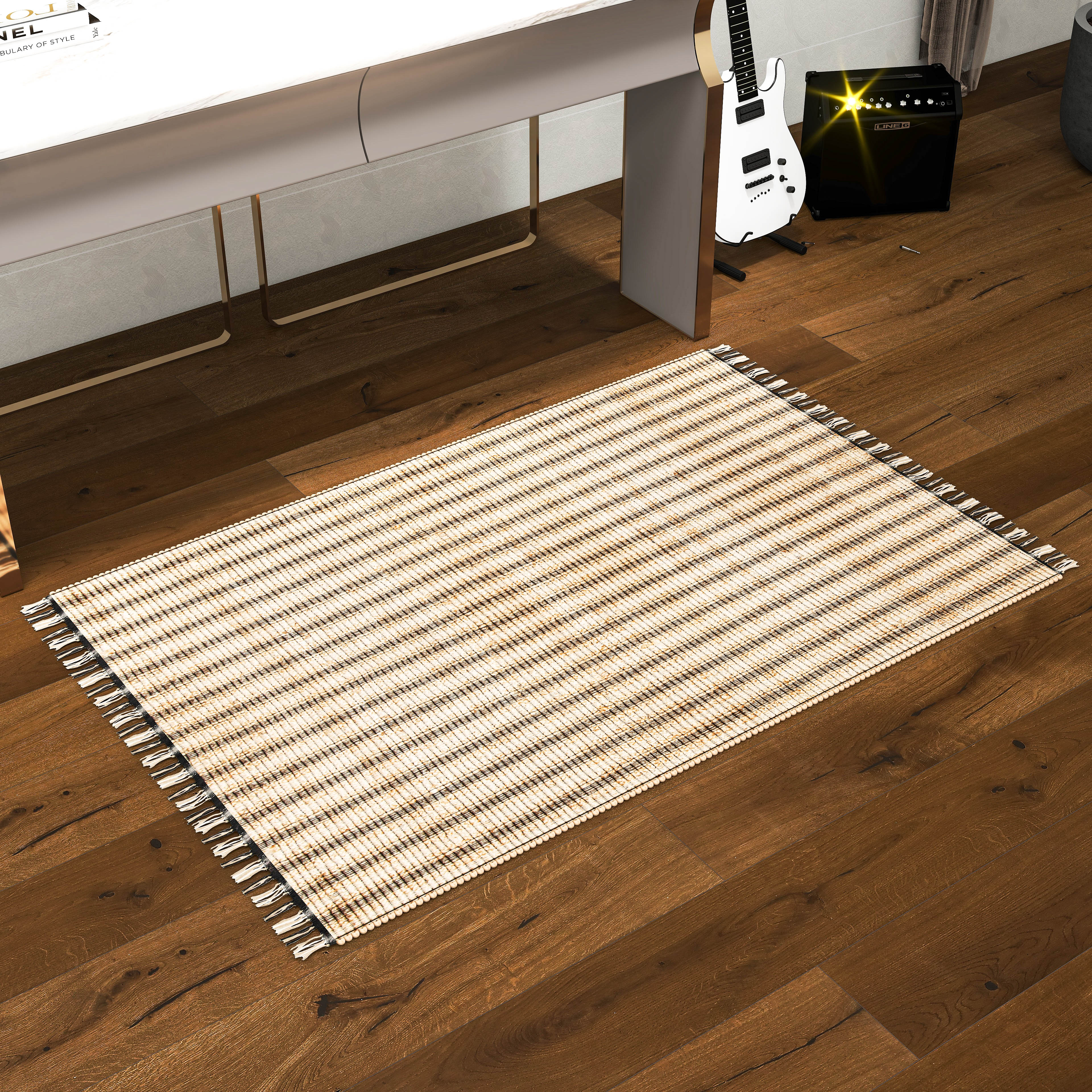 Natural Jute Area Rug, 3'x5' Handwoven Low-Pile Rustic Accent – Vintage Modern Farmhouse Style Décor for Entryway, Kitchen, Bedroom, and Bathroom
