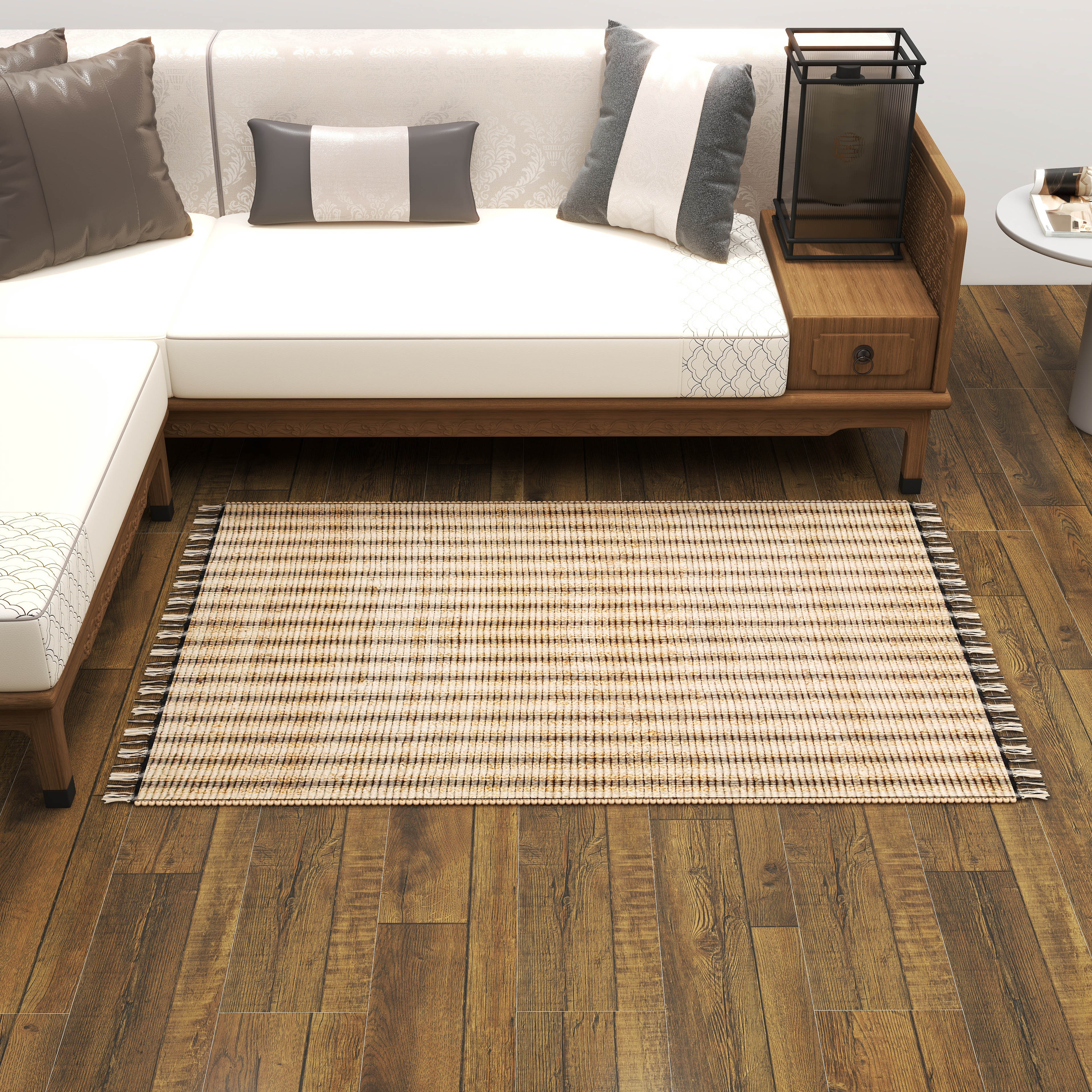 Natural Jute Area Rug, 3'x5' Handwoven Low-Pile Rustic Accent – Vintage Modern Farmhouse Style Décor for Entryway, Kitchen, Bedroom, and Bathroom