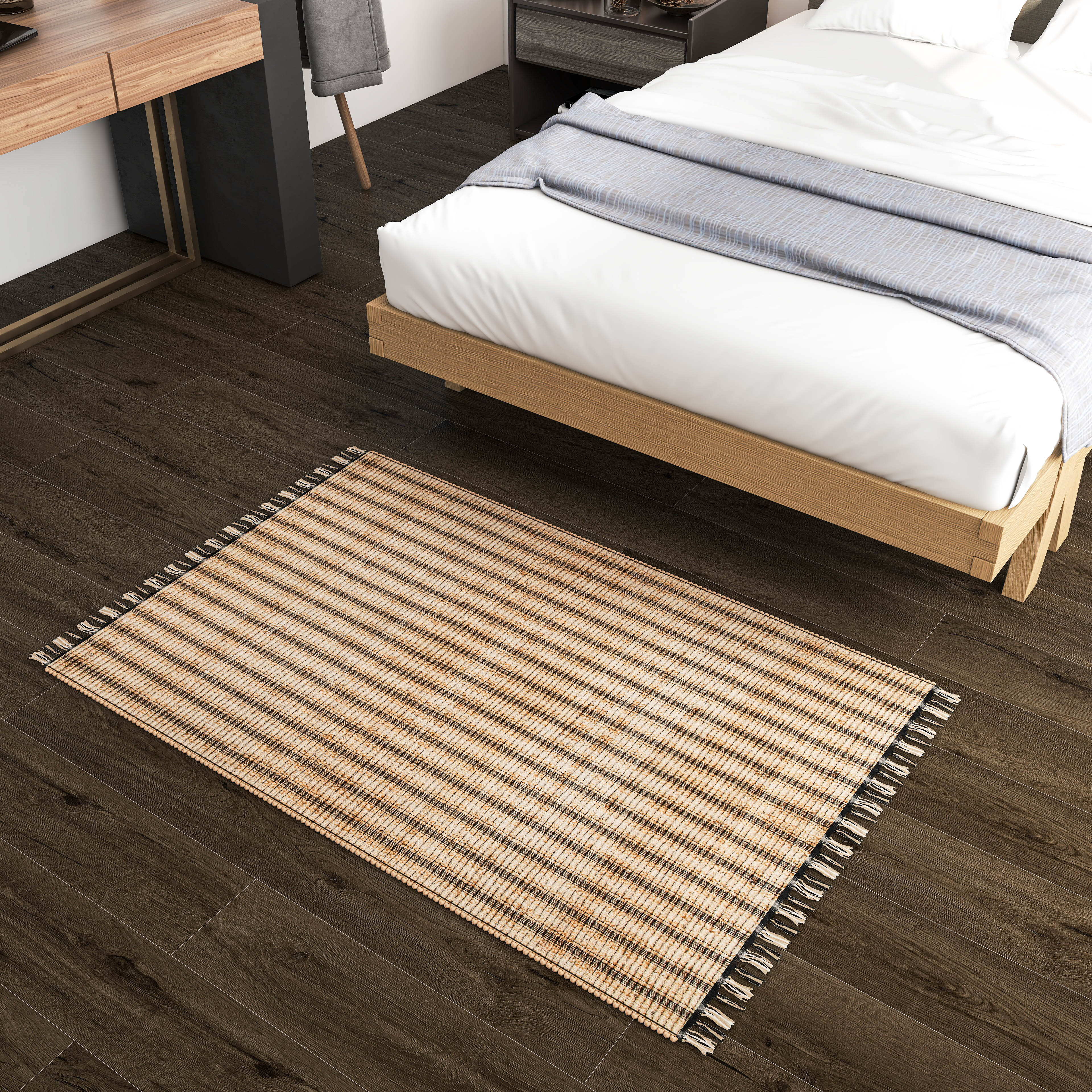 Natural Jute Area Rug, 3'x5' Handwoven Low-Pile Rustic Accent – Vintage Modern Farmhouse Style Décor for Entryway, Kitchen, Bedroom, and Bathroom
