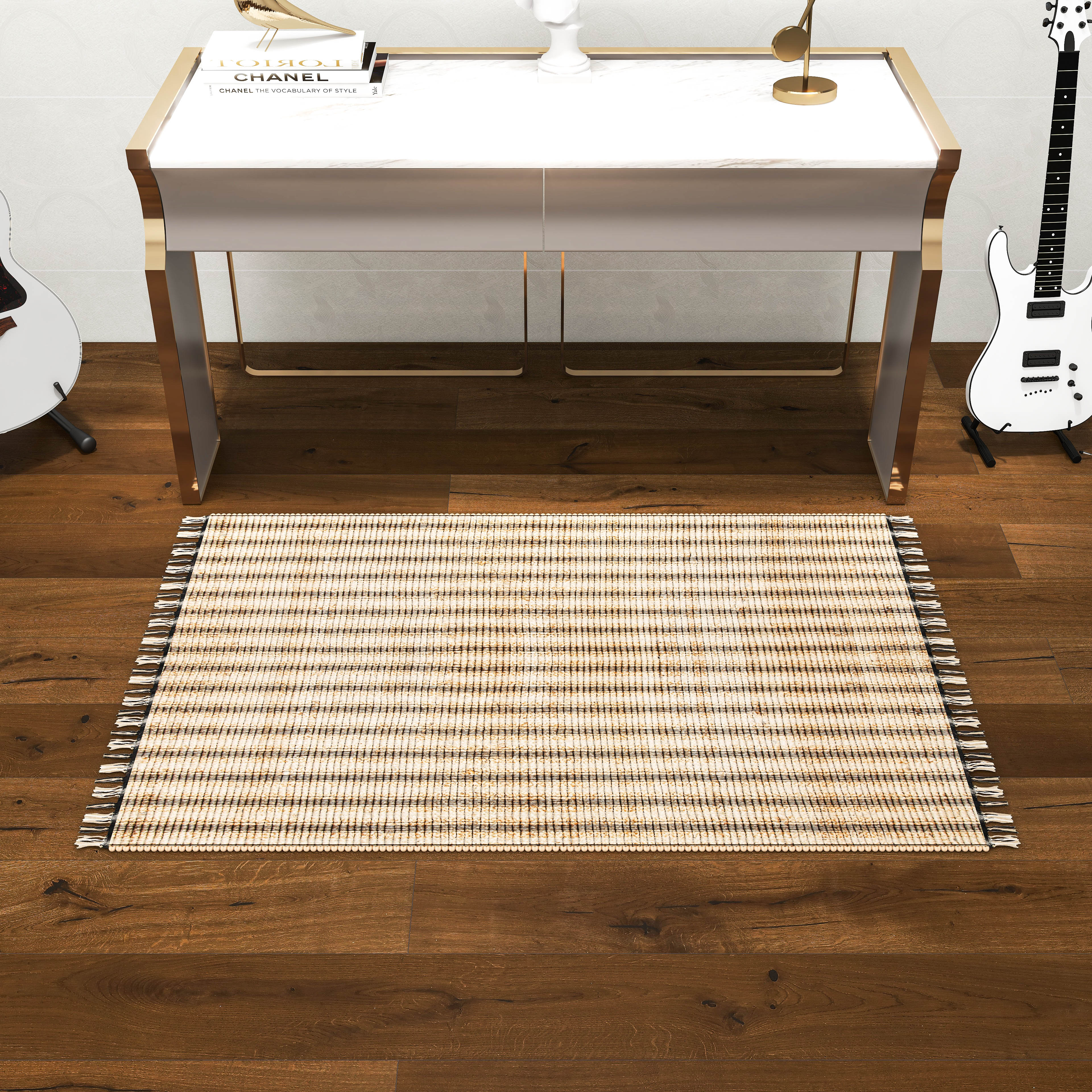 Natural Jute Area Rug, 3'x5' Handwoven Low-Pile Rustic Accent – Vintage Modern Farmhouse Style Décor for Entryway, Kitchen, Bedroom, and Bathroom