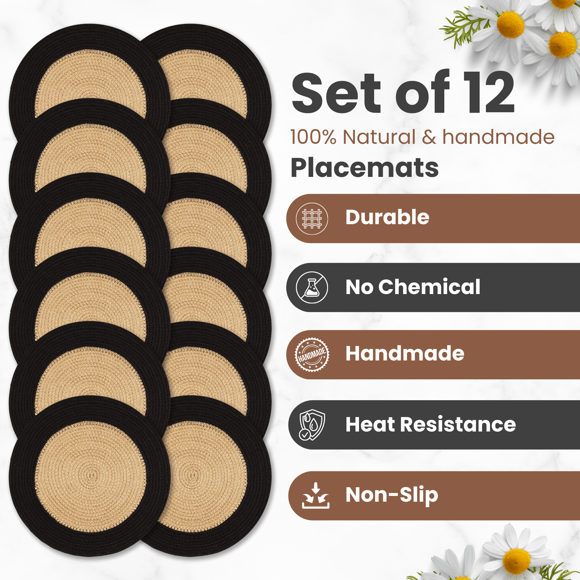 Eco Crave Jute Round Placemats Set of 12 – Hand Woven Natural Beige Jute with Black Rim, 13 Inch Farmhouse Rustic Dining Drawstring Table Mats, Wicker Heat Resistant Durable Eco-Friendly Table Decor