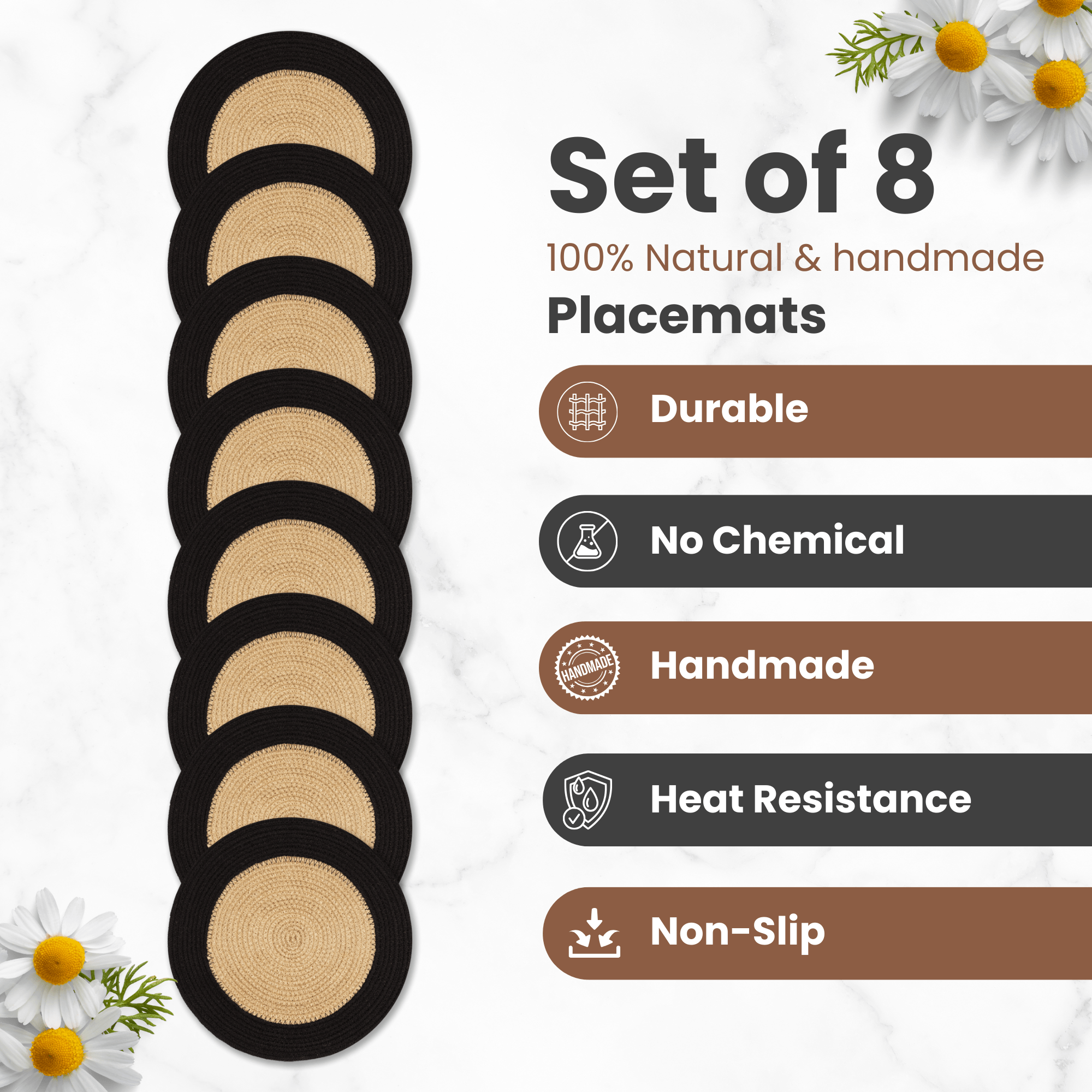 Eco Crave Jute Round Placemats Set of 8 – Hand Woven Natural Beige Jute with Black Rim, 13 Inch Farmhouse Rustic Dining Drawstring Table Mats, Wicker Heat Resistant Durable Eco-Friendly Table Decor