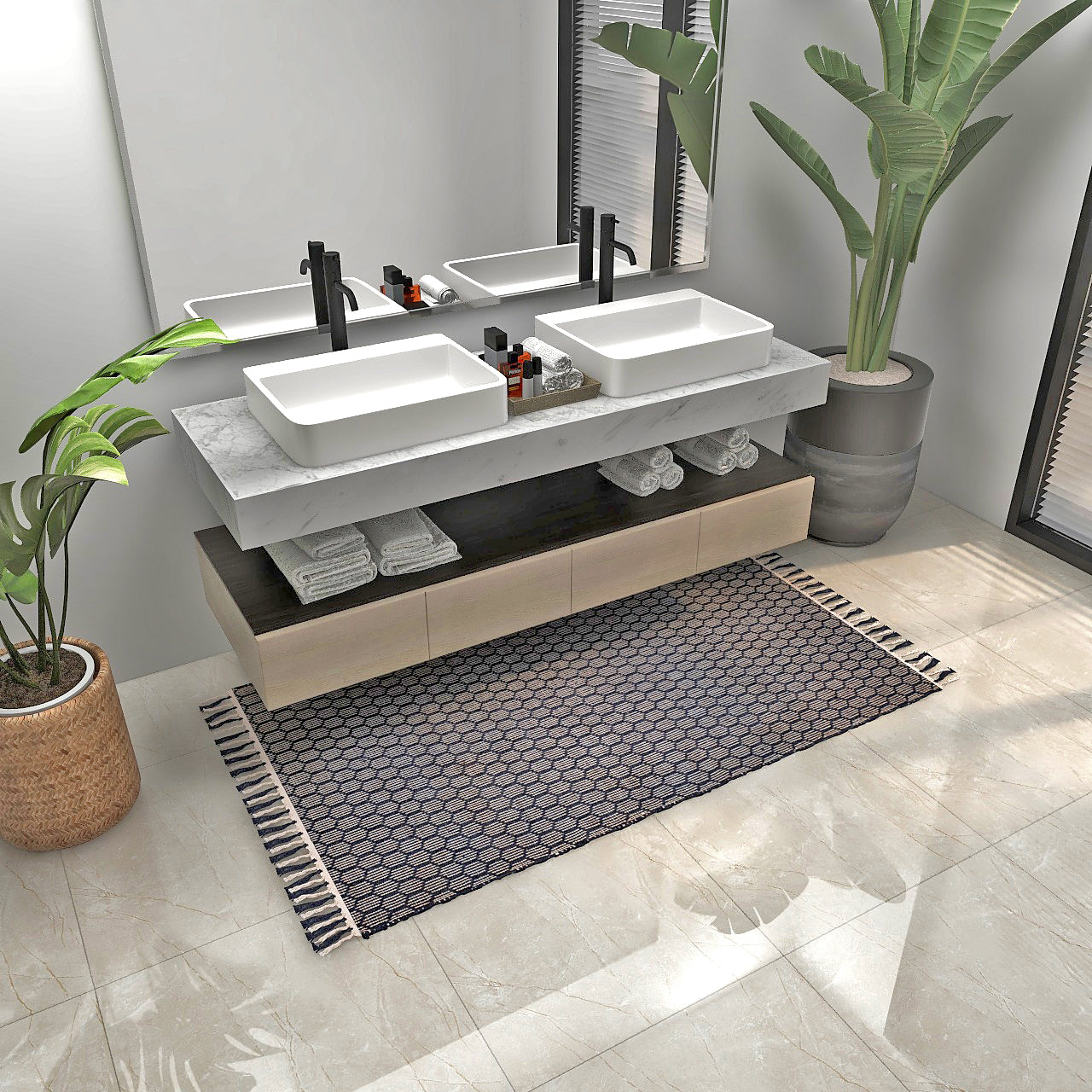 Jute rug placed under the basin for a natural and stylish decor accent