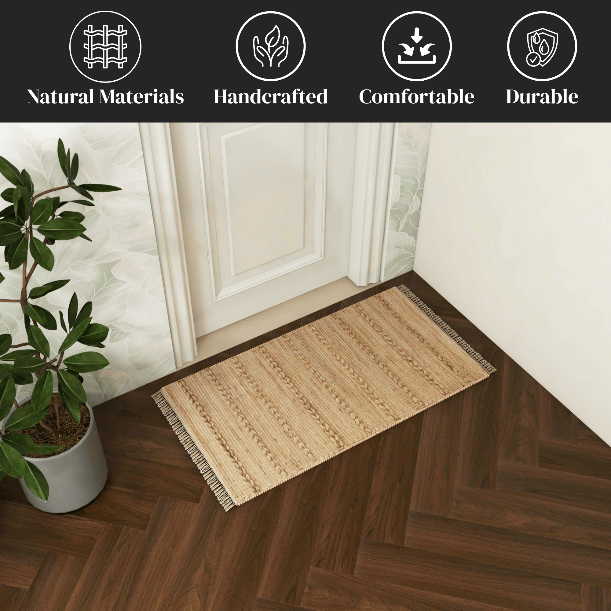 Handwoven 2x3 Ft Jute Rug – Natural Low-Pile Indoor Area Rug for Entryway, Kitchen, Bathroom – Traditional Bohemian Farmhouse Accent Décor