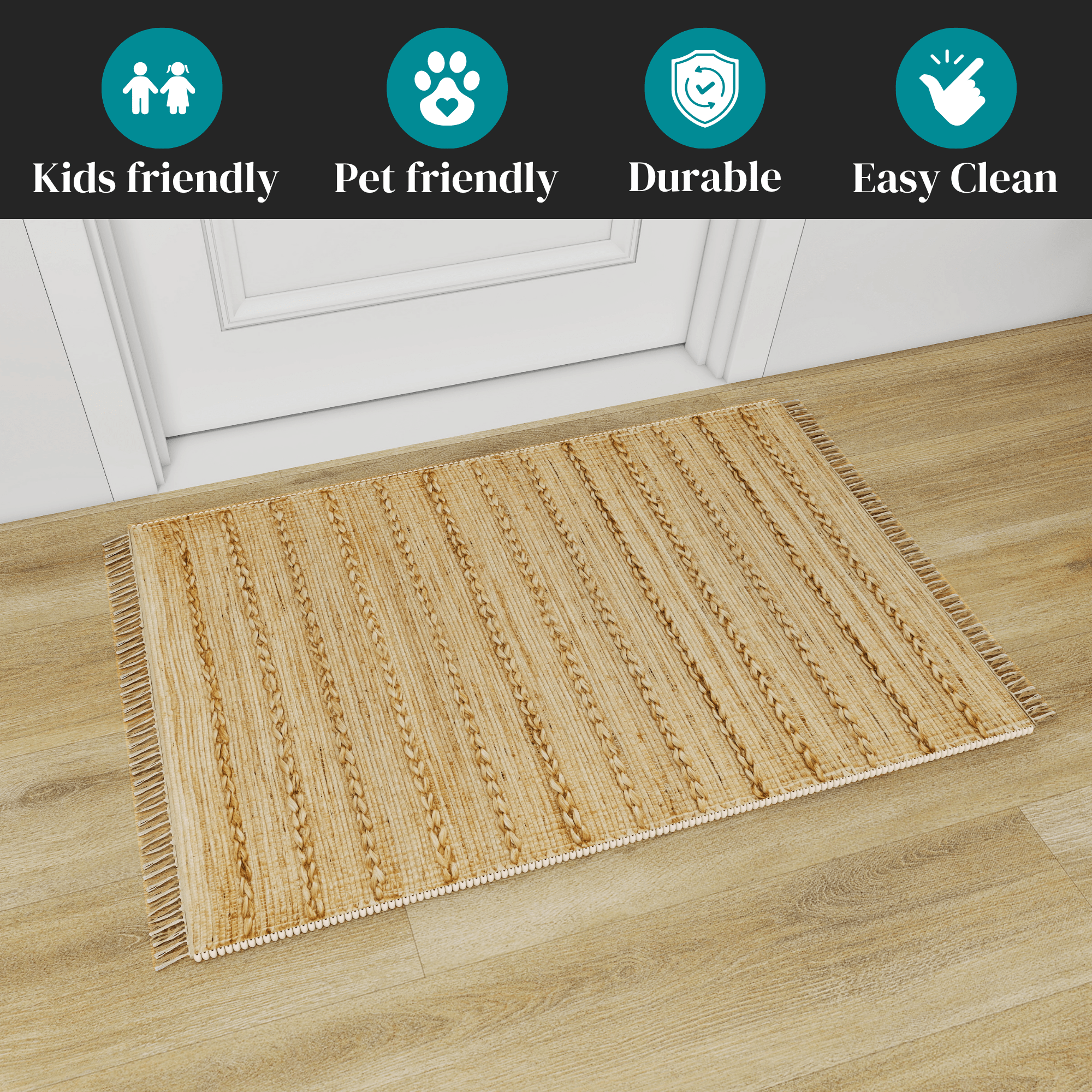 Handwoven 2x3 Ft Jute Rug – Natural Low-Pile Indoor Area Rug for Entryway, Kitchen, Bathroom – Traditional Bohemian Farmhouse Accent Décor