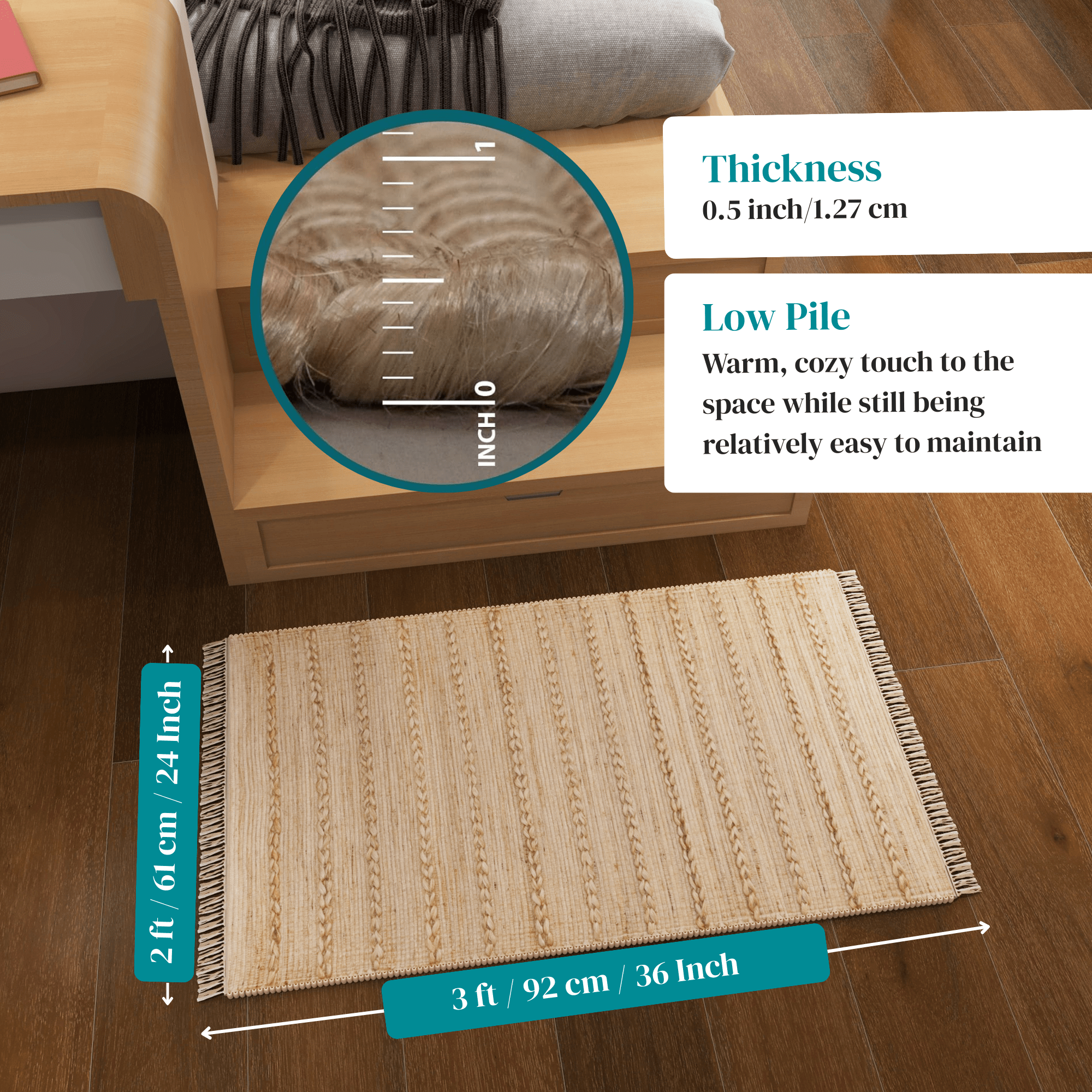 Handwoven 2x3 Ft Jute Rug – Natural Low-Pile Indoor Area Rug for Entryway, Kitchen, Bathroom – Traditional Bohemian Farmhouse Accent Décor