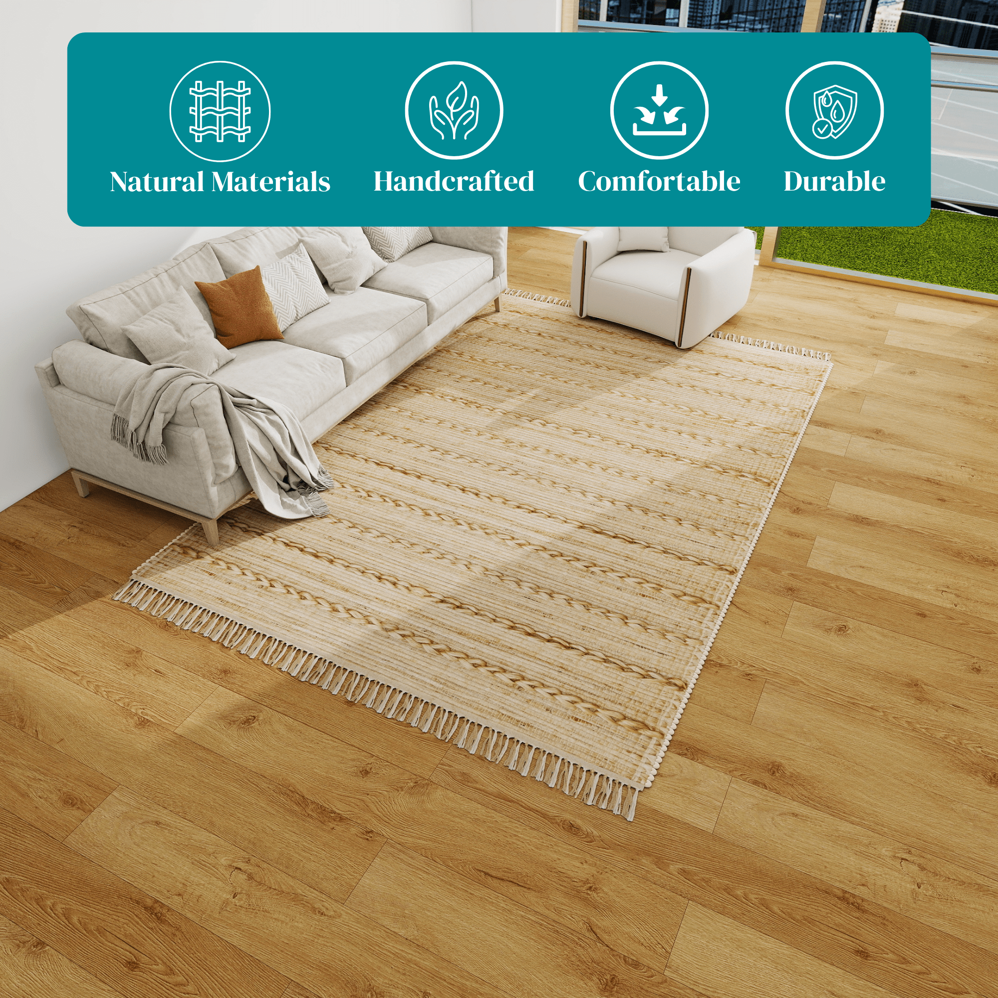 Rustic Jute Area Rug, 9'x12' Natural Braided Beige Bohemian Farmhouse Style Carpet – 0.5-Inch Thick Handwoven Design for Bedroom and Living Room Décor