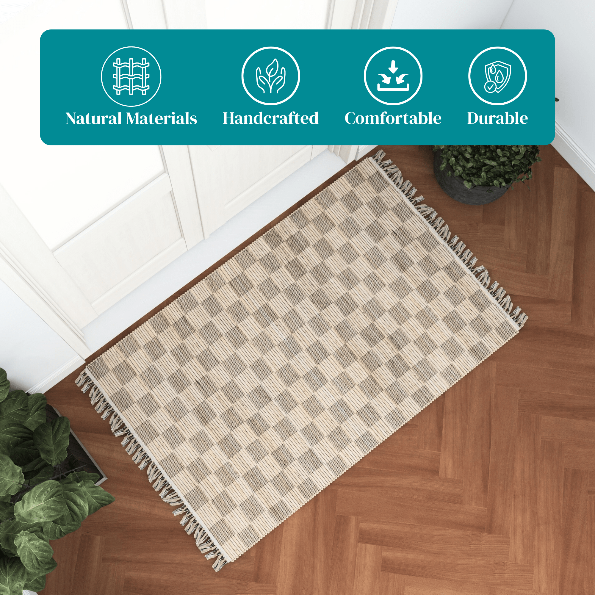 Natural 3x5 Handwoven Geometric Jute Rug – Low-Pile Tan Accent Carpet for Entryway, Kitchen, Bedroom, and Bathroom – Premium Home Décor