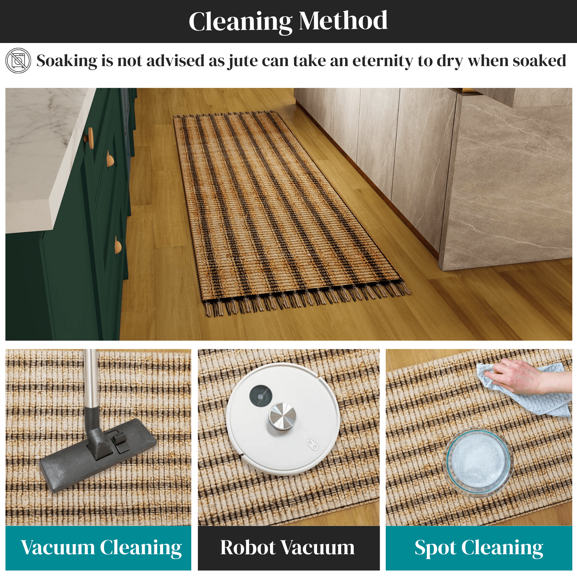 Handwoven Jute Runner, 2.6'x8' Black Braided Natural Rug – Vintage Modern Eco-Friendly Accent for Living Room, Entryway, Kitchen, and Bathroom Décor