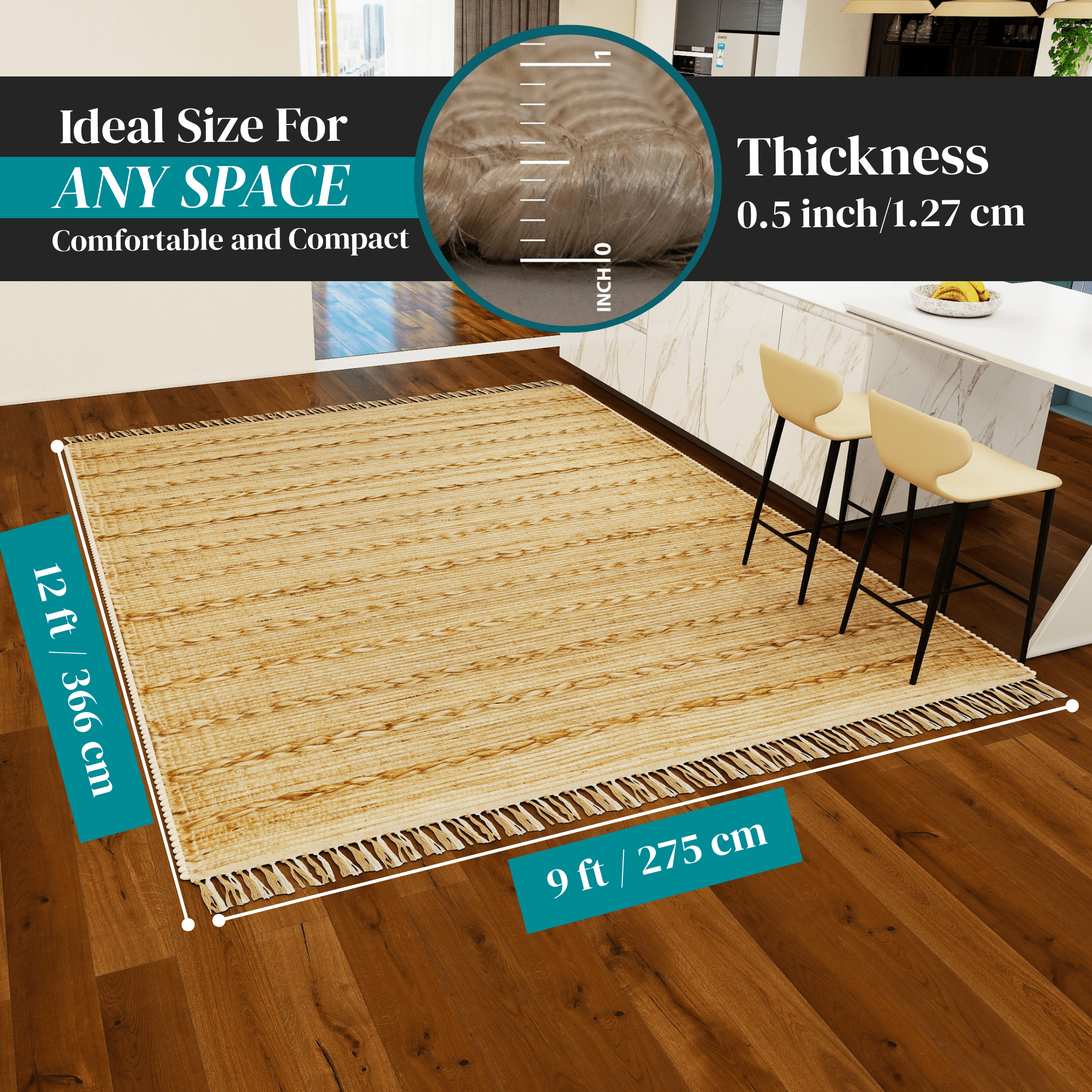 Rustic Jute Area Rug, 9'x12' Natural Braided Beige Bohemian Farmhouse Style Carpet – 0.5-Inch Thick Handwoven Design for Bedroom and Living Room Décor