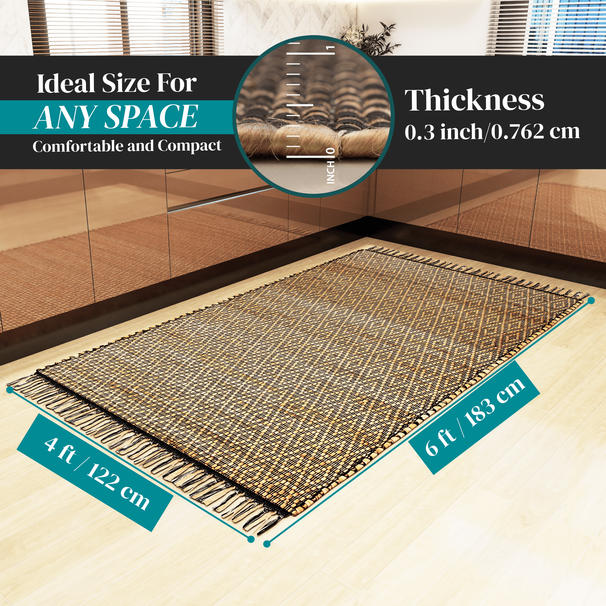 Natural Jute Area Rug, 4'x6' – Handwoven Premium Accent Carpet for Living Room, Bedroom, Kitchen, and Dining – Durable Farmhouse Style Décor