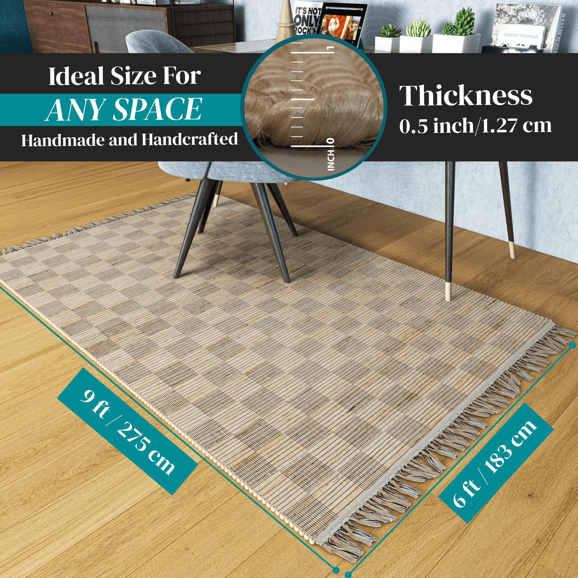 Natural Braided Jute Rug, 6'x9' Handwoven Geometric Eco-Friendly Carpet – Thick Indoor Modern Design for Living Room, Bedroom, Kitchen, Dining, and Farmhouse Décor