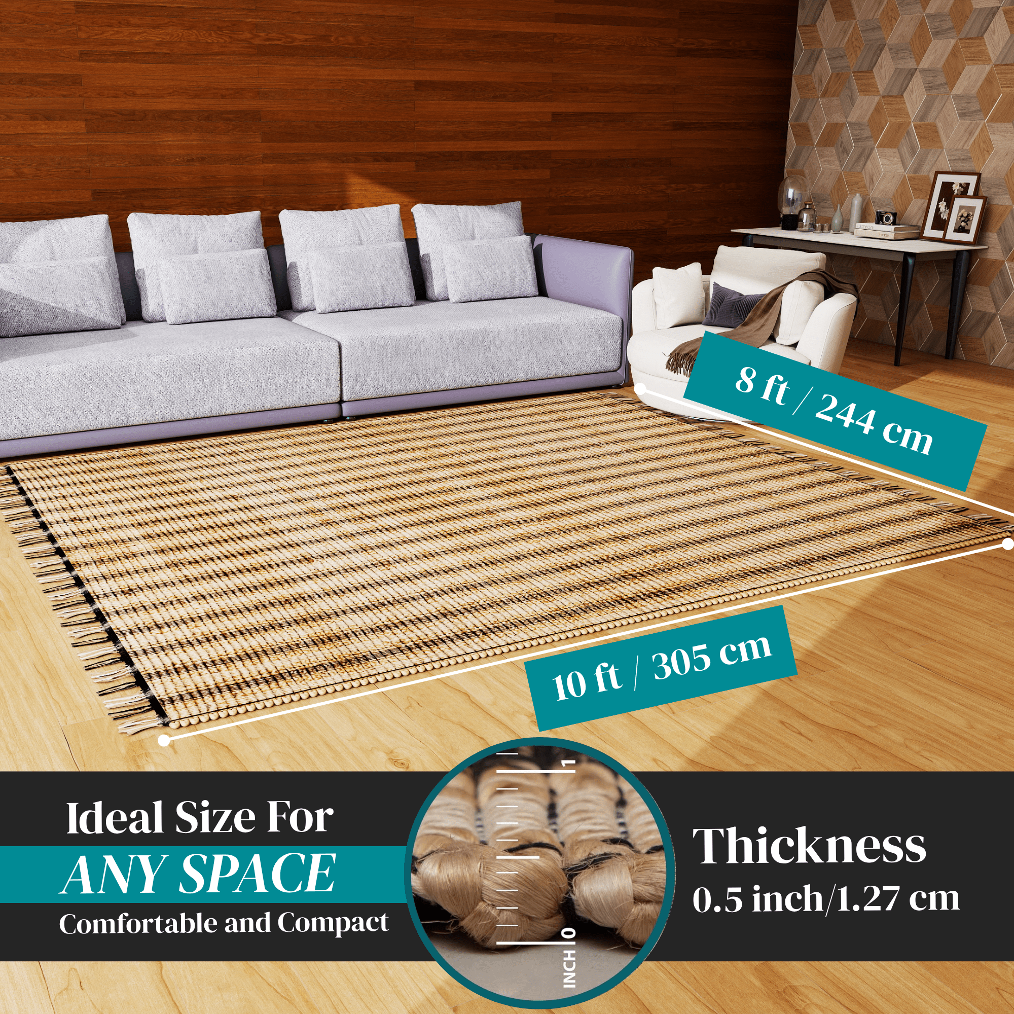 Natural Jute Area Rug, 8'x10' – Vintage Modern Classic Handwoven Indoor Carpet – 0.5-Inch Thick Premium Home Décor for Living Room, Bedroom, Dining, and Kitchen