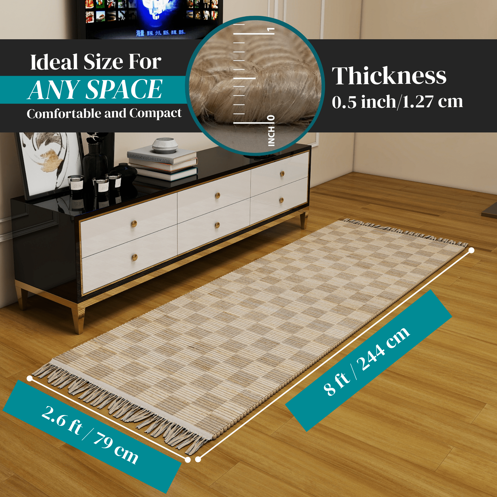 Natural Handwoven Geometric Jute Runner Rug, 2.6'x8' Low-Pile Tan Indoor Accent Carpet – Premium Farmhouse Décor for Entryway, Kitchen, and Bathroom