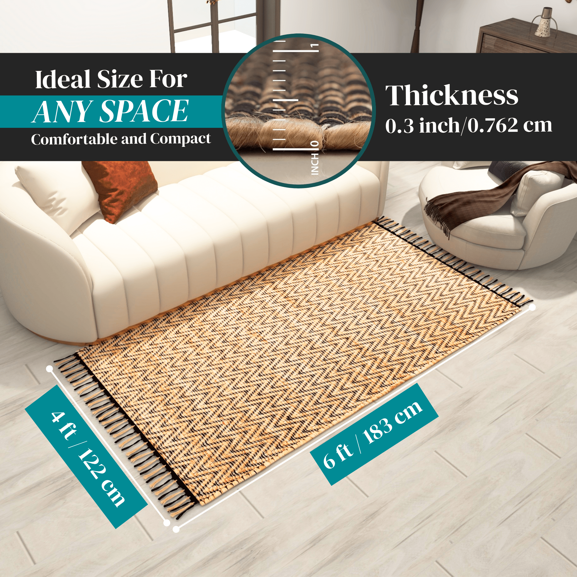 4x6 Ft Natural Jute Rug – Handwoven Vintage Modern Accent Carpet for Bedroom, Entryway, Living Room, Dining Room, Kitchen, and Office Décor