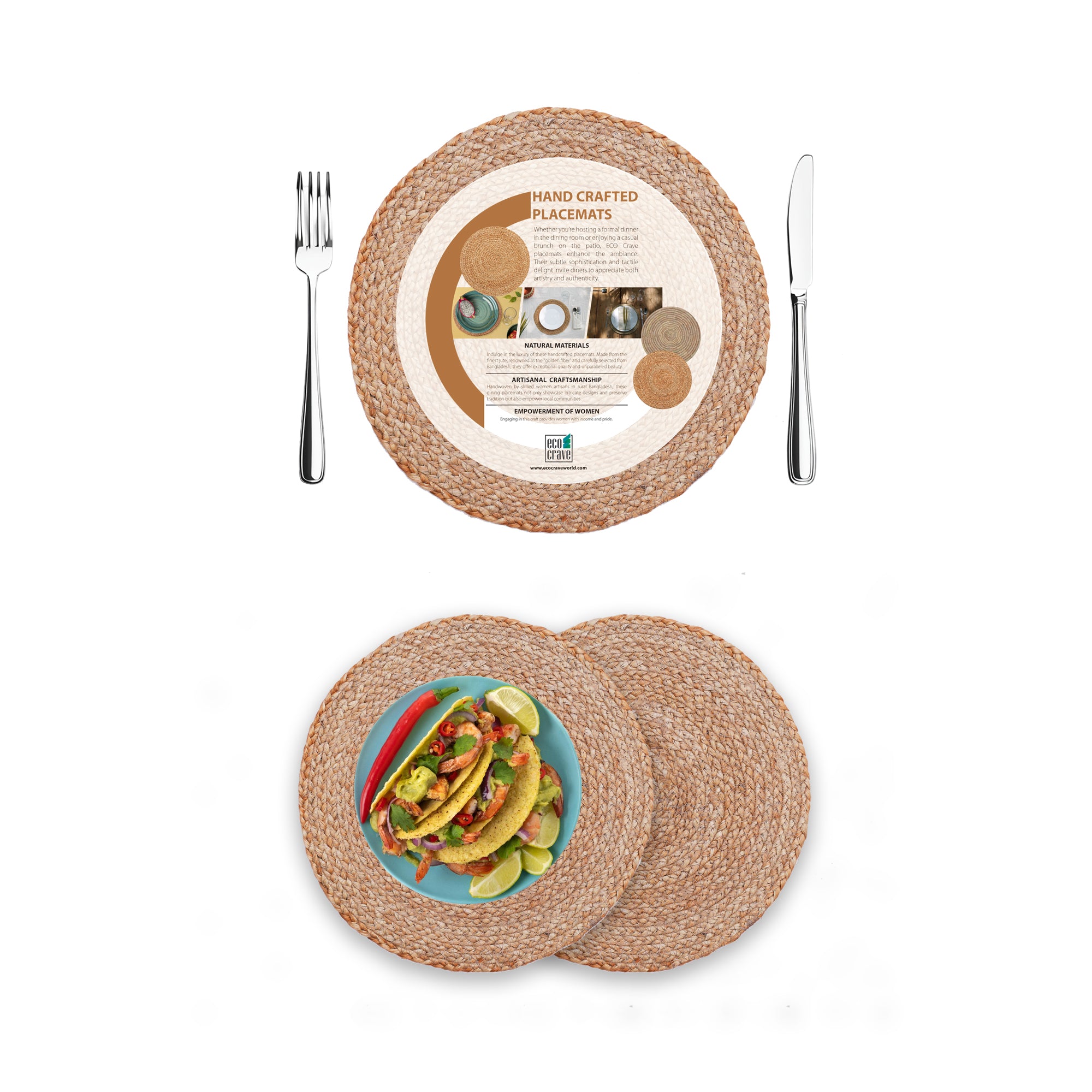 Round Jute Placemats, Set of 2 – Boho Farmhouse Design Non-Slip Handwoven Table Mats for Dining, Kitchen, and Wedding Décor