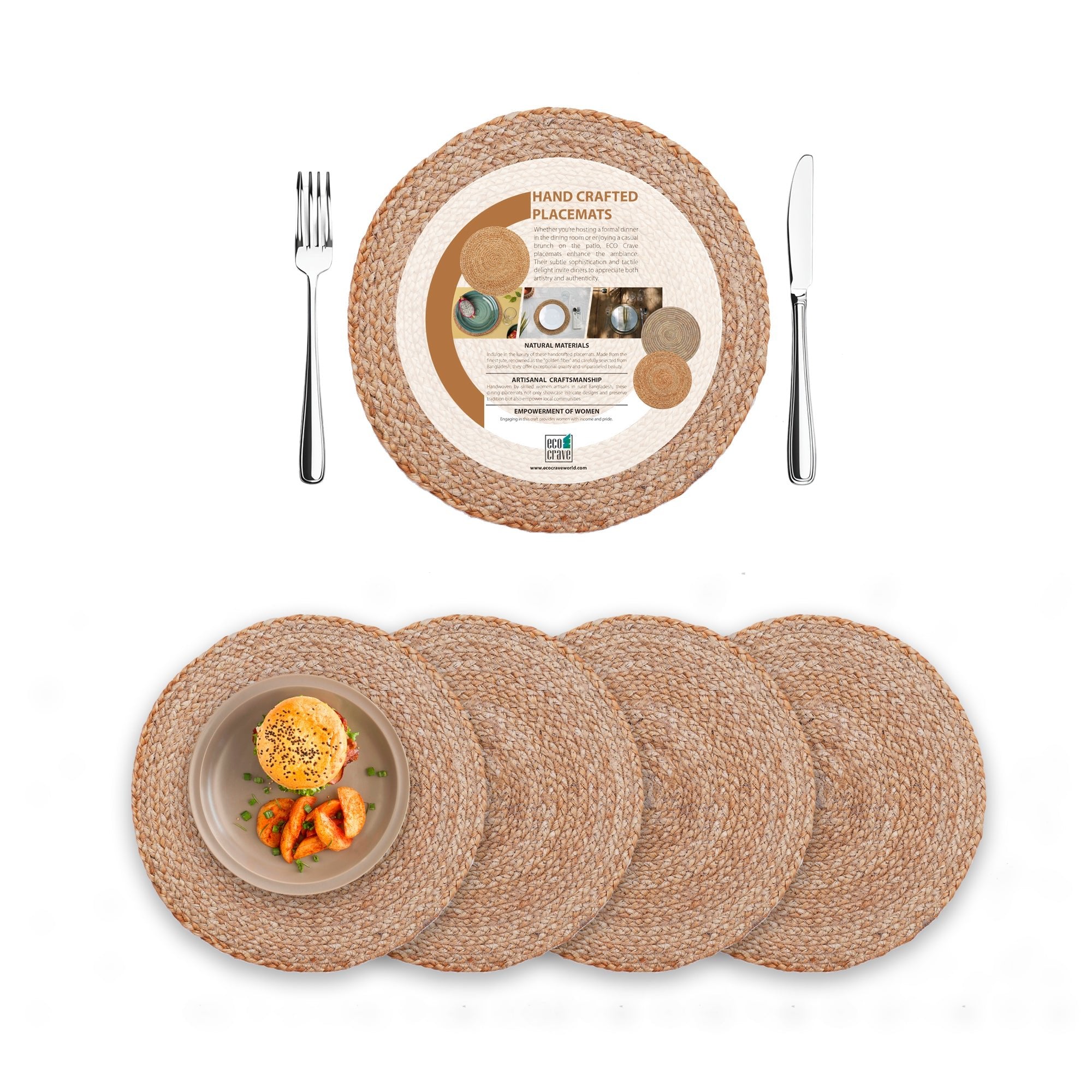 Round Jute Placemats, Set of 4 – 100% Natural Non-Slip Handwoven Boho Farmhouse Mats for Dining Table, Kitchen, and Wedding Décor