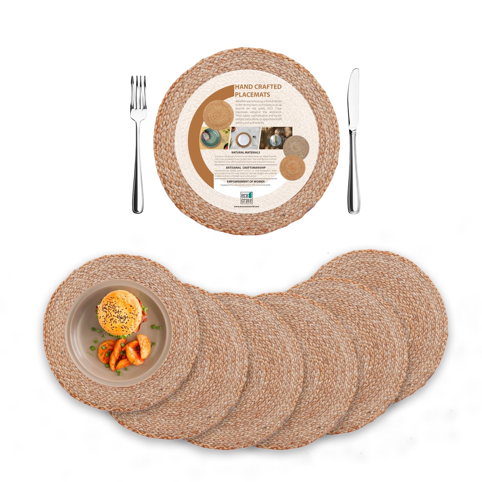 Round Jute Placemats, Set of 6 – 100% Natural Non-Slip Handwoven Boho Farmhouse Table Mats for Dining, Kitchen, and Wedding Décor