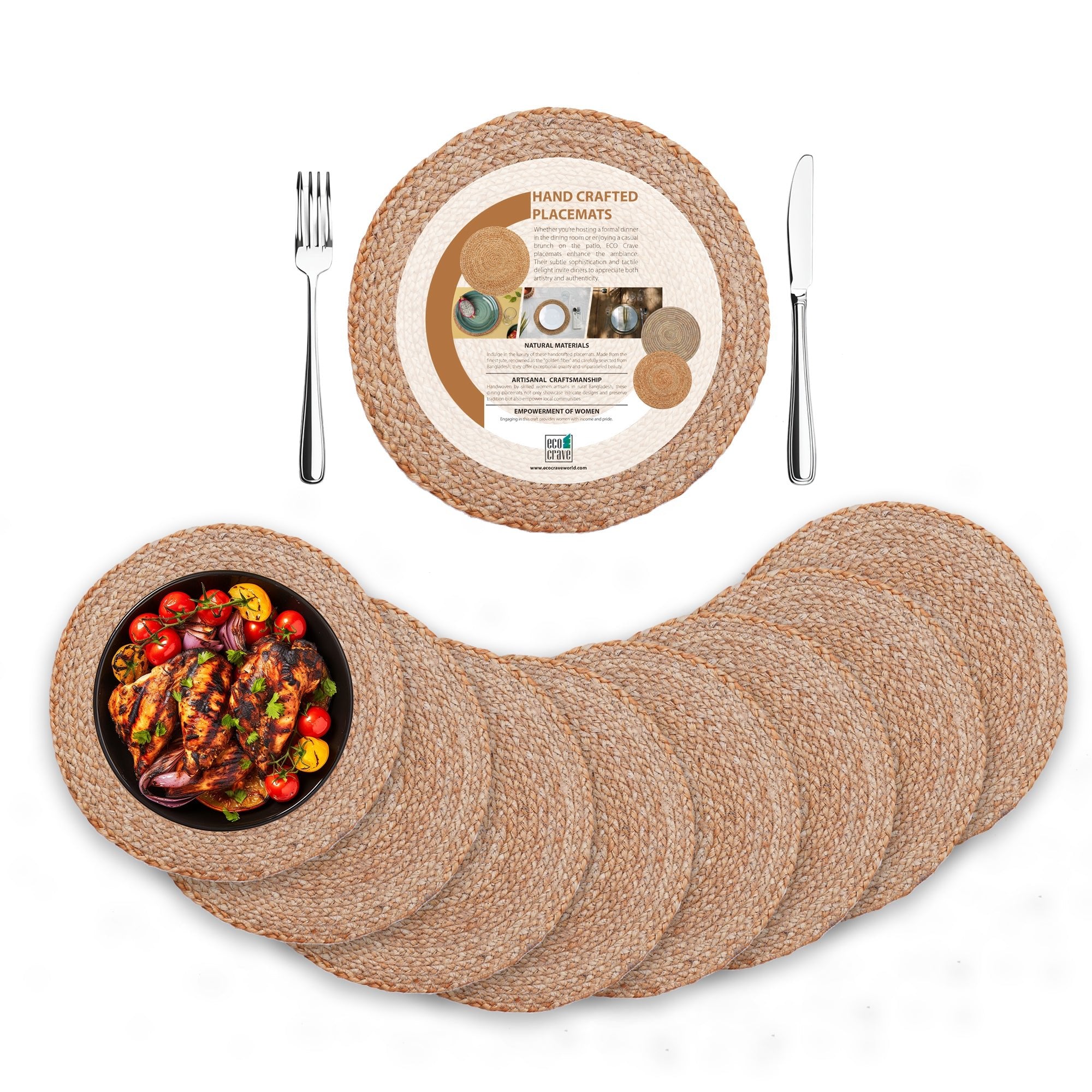 Round Jute Placemats, Set of 8 – Boho Farmhouse 100% Natural Non-Slip Handwoven Place Mats for Dining Table, Kitchen, Décor, and Events