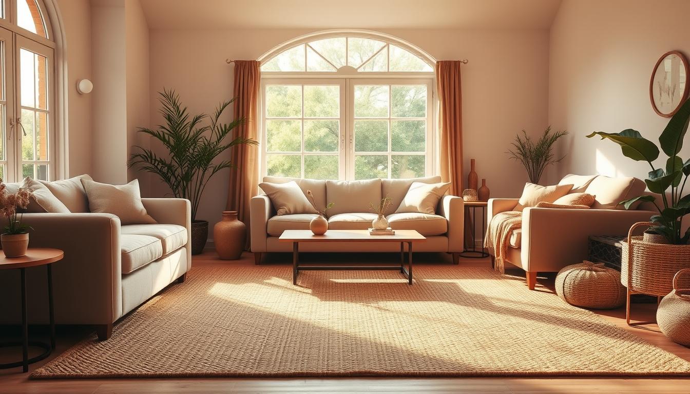 living room with jute rug