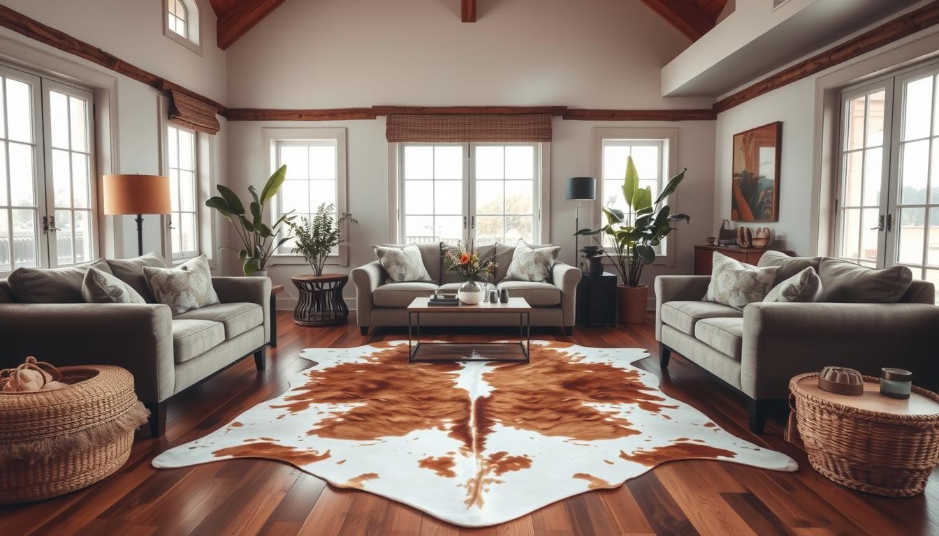 living room with cowhide rug
