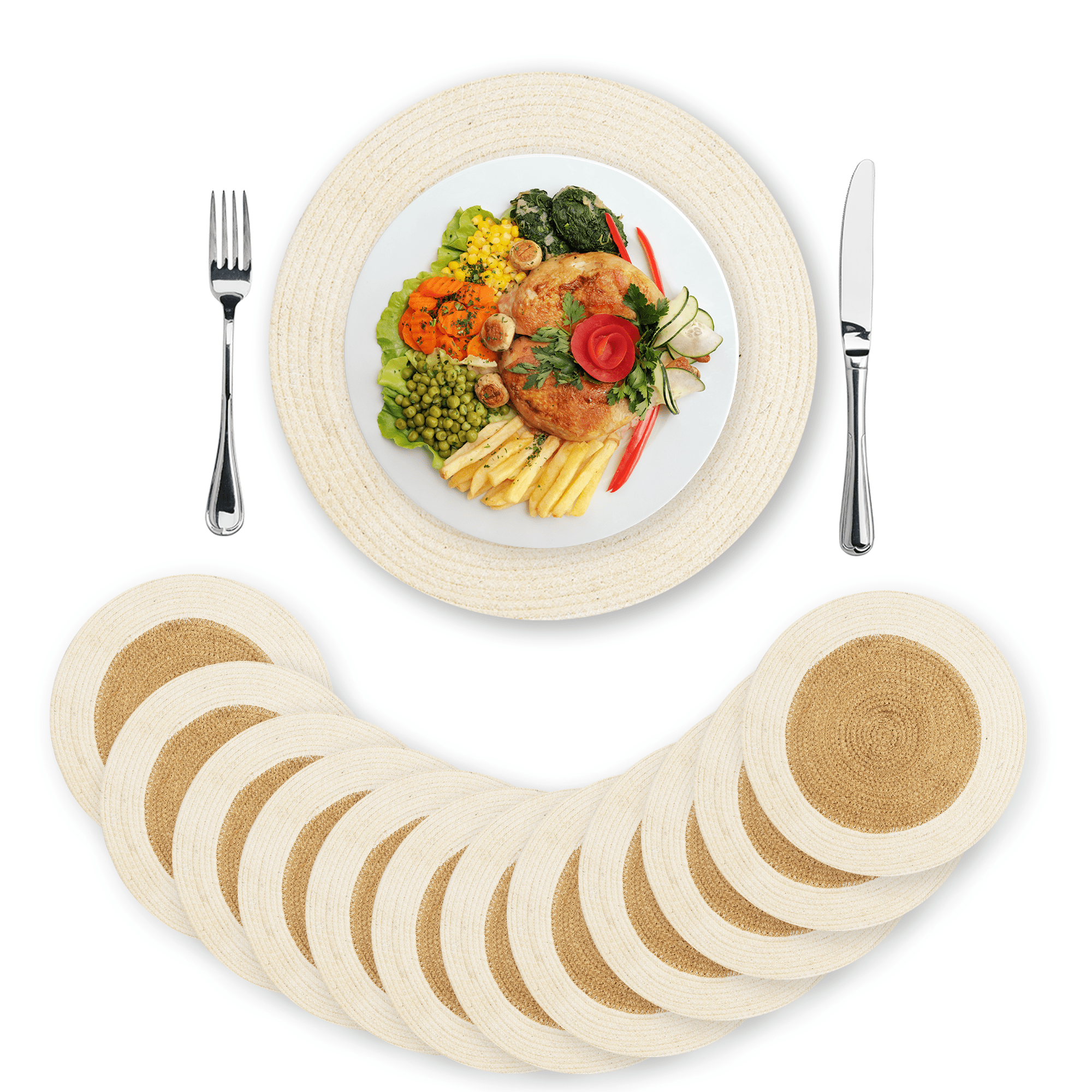 Eco Crave Jute Round Placemats Set of 12 – Hand Woven Natural Beige Jute with White Rim, 13" White Jute Placemats, Woven White Round Placemats, Farmhouse Table Decor