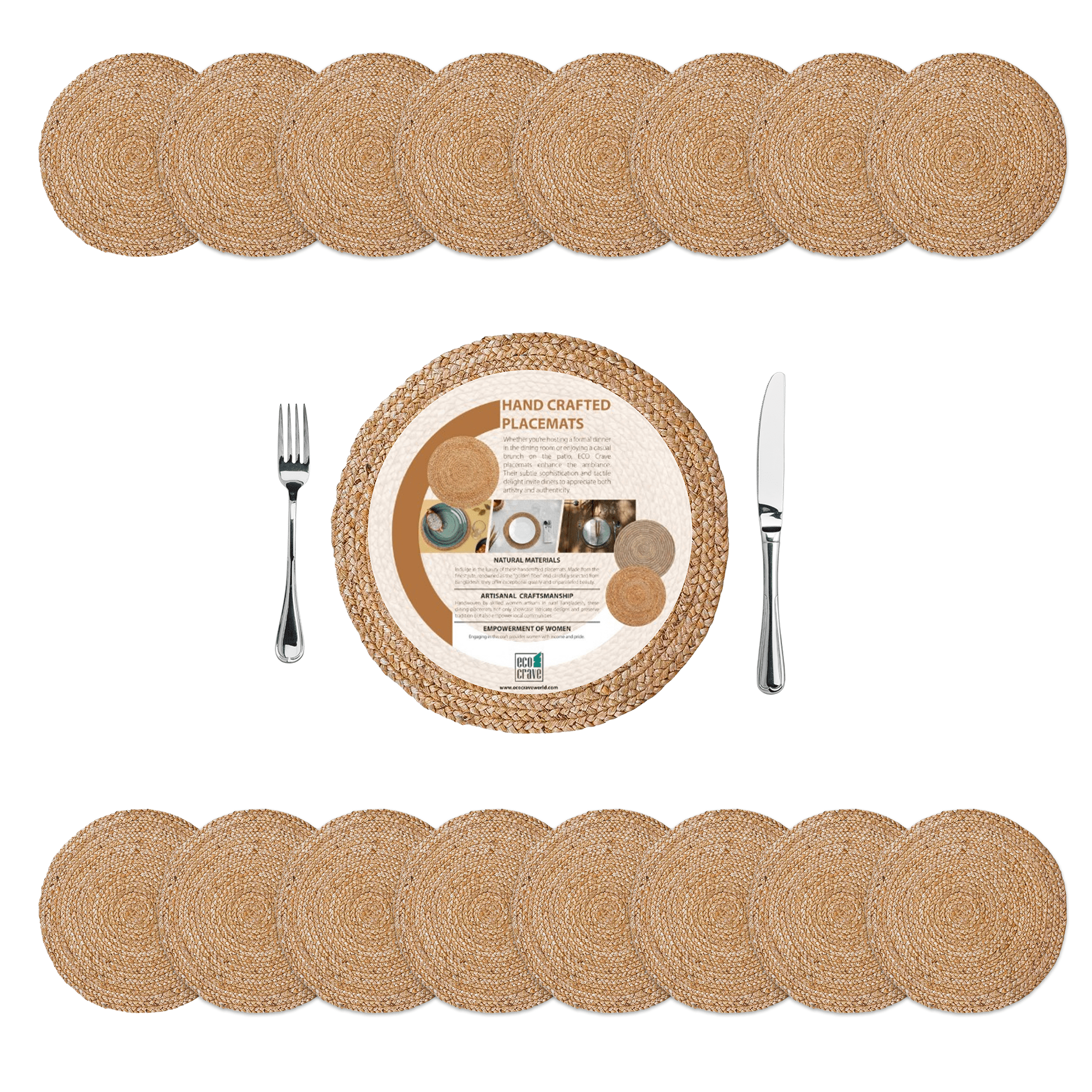 Round Jute Placemats, Set of 16 – Boho Farmhouse Design Non-Slip Handwoven Table Mats for Dining, Kitchen, and Wedding Décor
