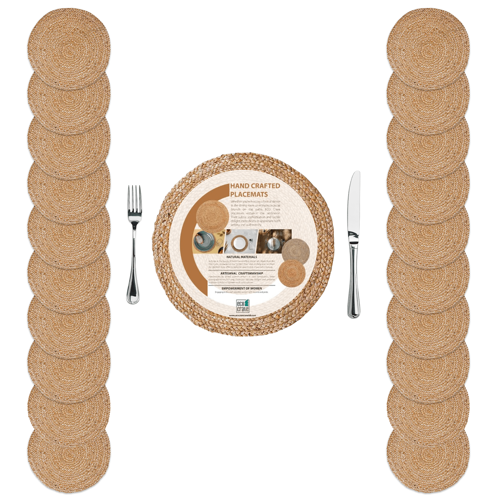 Round Jute Placemats, Set of 20 – 100% Natural 13x13 Inch Non-Slip Handcrafted Boho Farmhouse Mats for Dining Table and Kitchen Décor