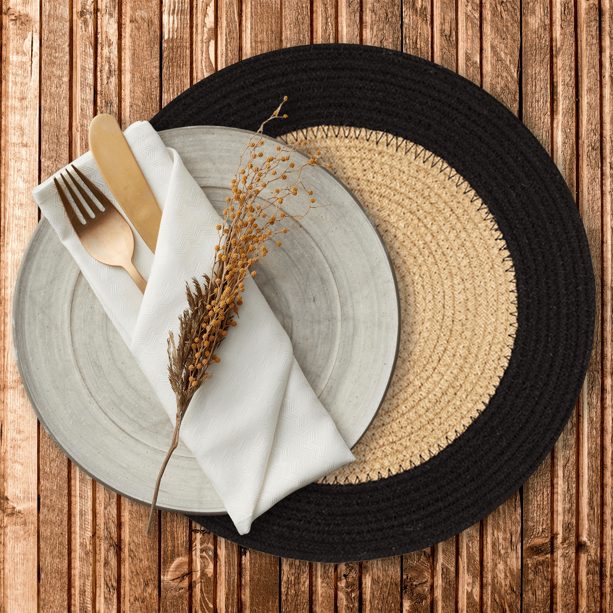 Eco Crave Jute Round Placemats Set of 4 – Hand Woven Natural Beige Jute with Black Rim, 13 Inch Farmhouse Rustic Dining Drawstring Table Mats, Wicker Heat Resistant Durable Eco-Friendly Table Decor