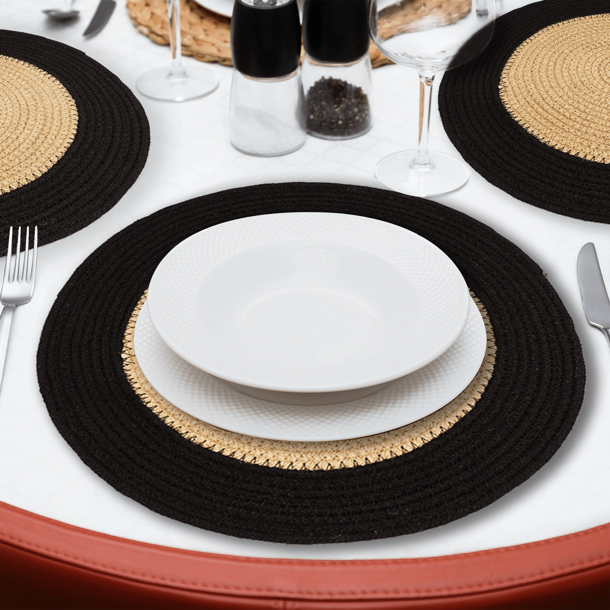 Eco Crave Jute Round Placemats Set of 4 – Hand Woven Natural Beige Jute with Black Rim, 13 Inch Farmhouse Rustic Dining Drawstring Table Mats, Wicker Heat Resistant Durable Eco-Friendly Table Decor