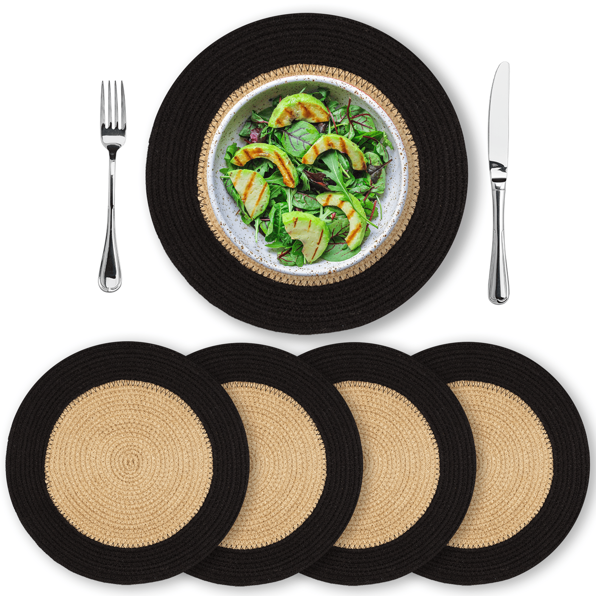 Eco Crave Jute Round Placemats Set of 4 – Hand Woven Natural Beige Jute with Black Rim, 13 Inch Farmhouse Rustic Dining Drawstring Table Mats, Wicker Heat Resistant Durable Eco-Friendly Table Decor