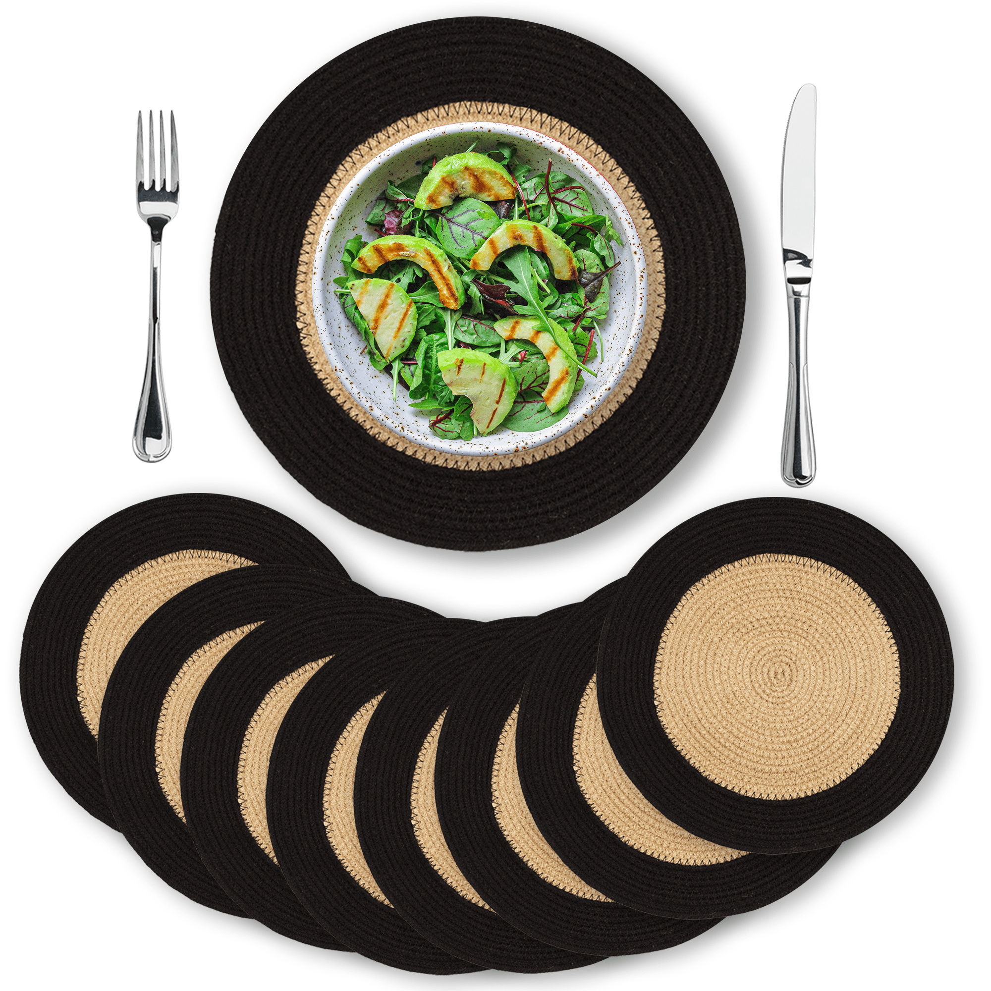 Eco Crave Jute Round Placemats Set of 8 – Hand Woven Natural Beige Jute with Black Rim, 13 Inch Farmhouse Rustic Dining Drawstring Table Mats, Wicker Heat Resistant Durable Eco-Friendly Table Decor