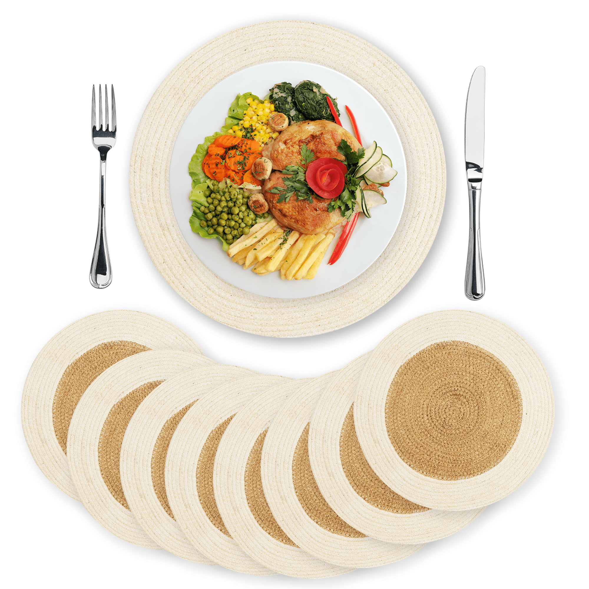 Eco Crave Jute Round Placemats Set of 8 – Hand Woven Natural Beige Jute with White Rim, 13" White Jute Placemats, Woven White Round Placemats, Farmhouse Table Decor