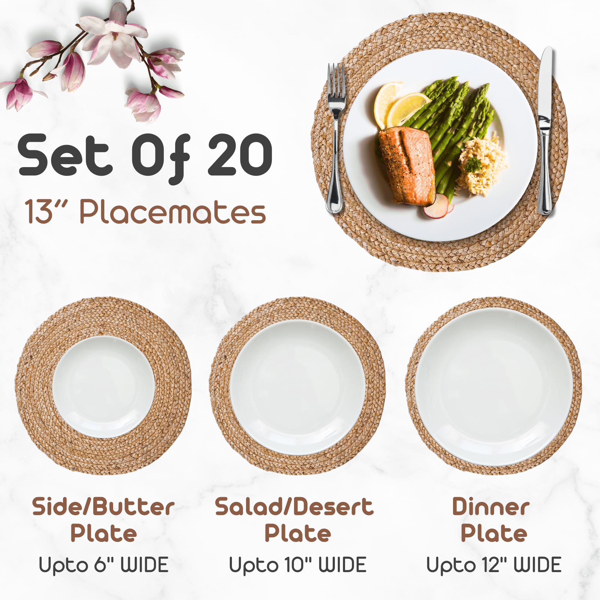 Round Jute Placemats, Set of 20 – 100% Natural 13x13 Inch Non-Slip Handcrafted Boho Farmhouse Mats for Dining Table and Kitchen Décor
